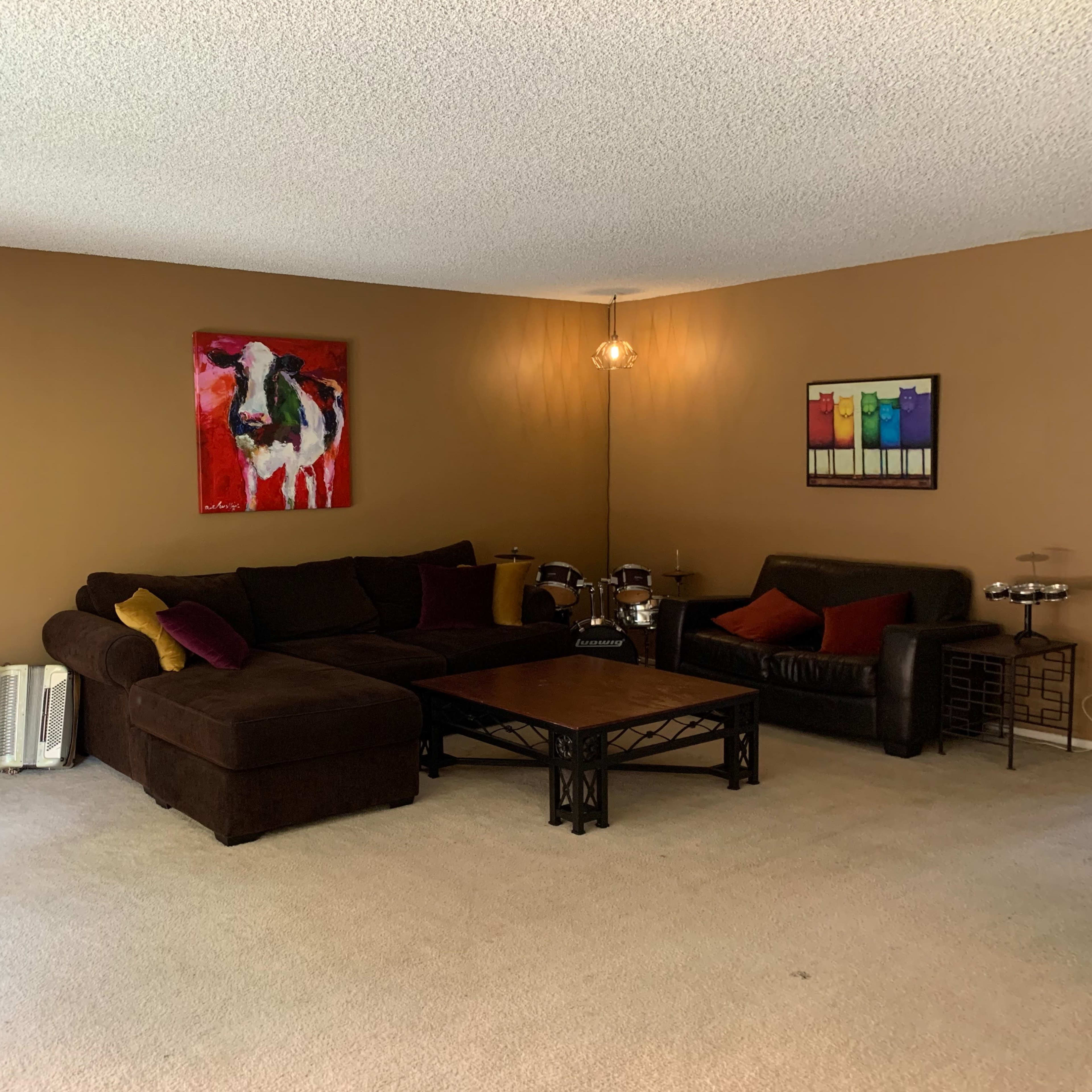 A living room with a brown-painted wall, a dark sofa, a coffee table, and various artworks on the walls.
