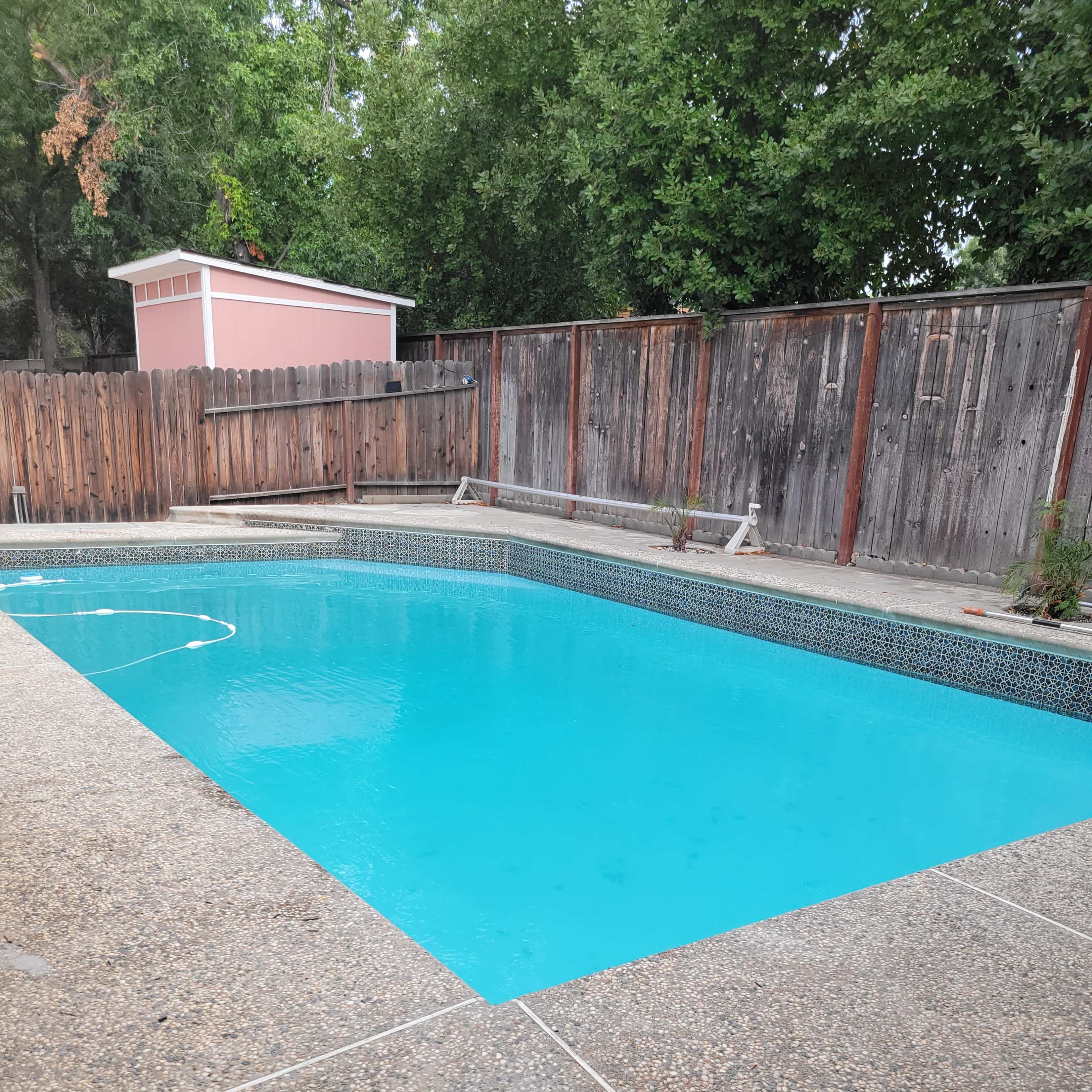 A swimming pool with clear blue water surrounded by a concrete deck and a wooden fence.