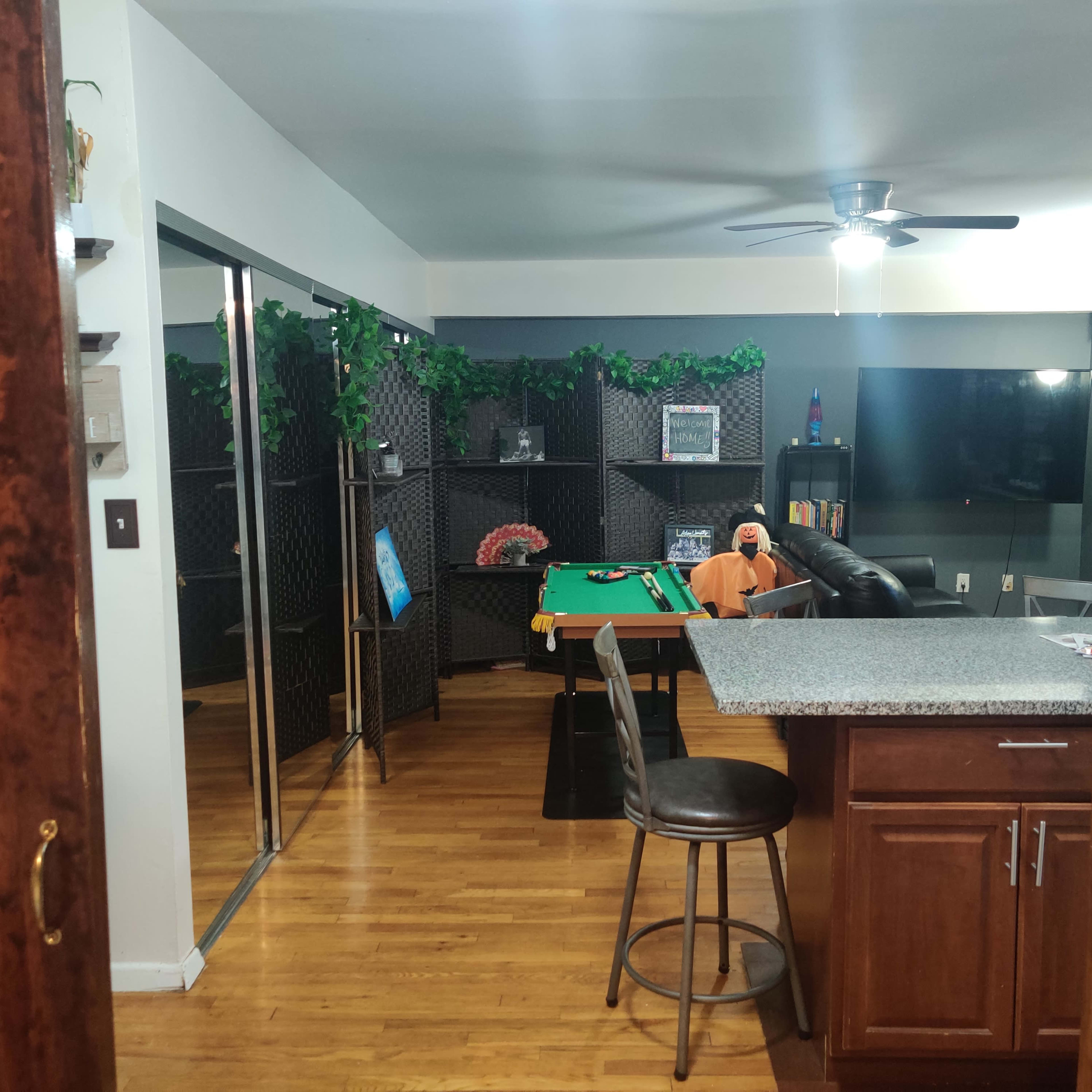 A game room featuring a pool table, a black couch, and a small kitchen counter visible from an open doorway.