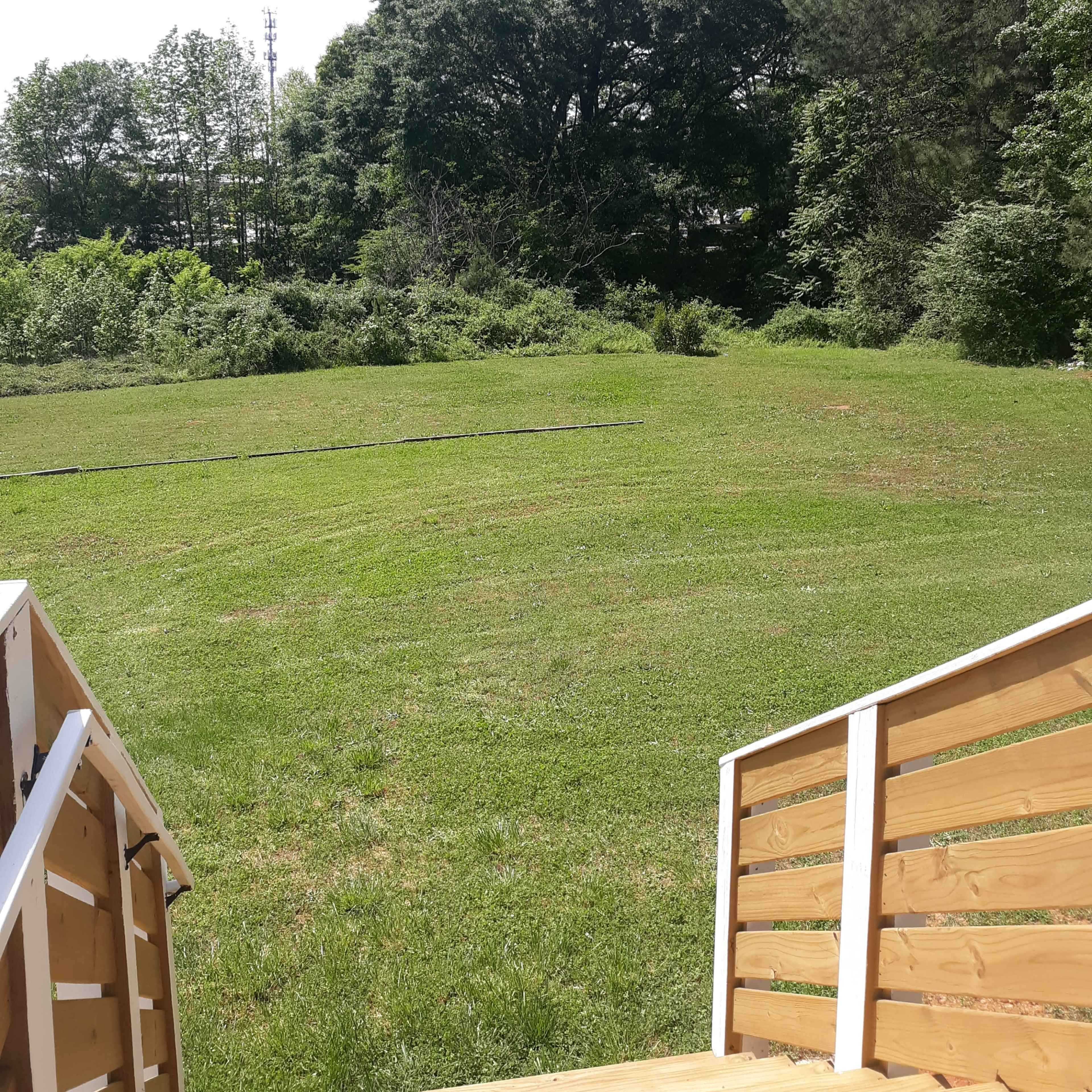 A wooden staircase leads down to a grassy area bordered by trees under a clear sky.