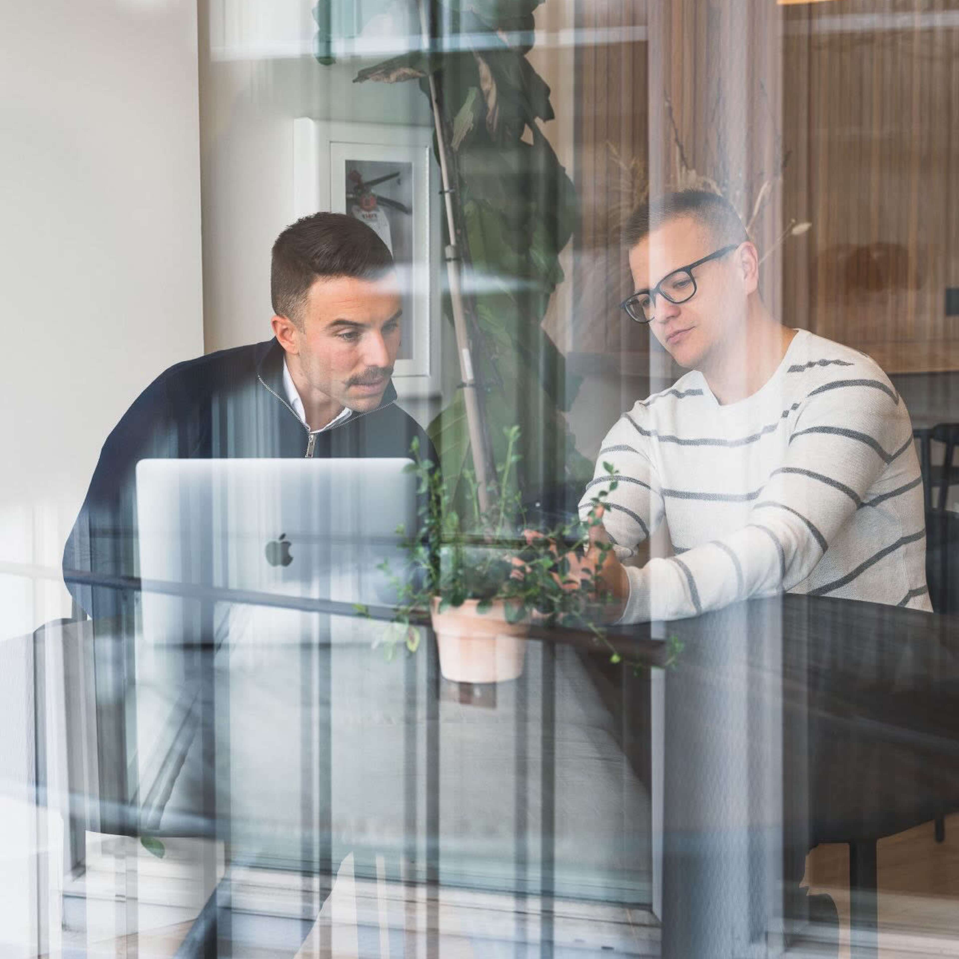 Two men are discussing over a laptop at a table, with a potted plant in the foreground.