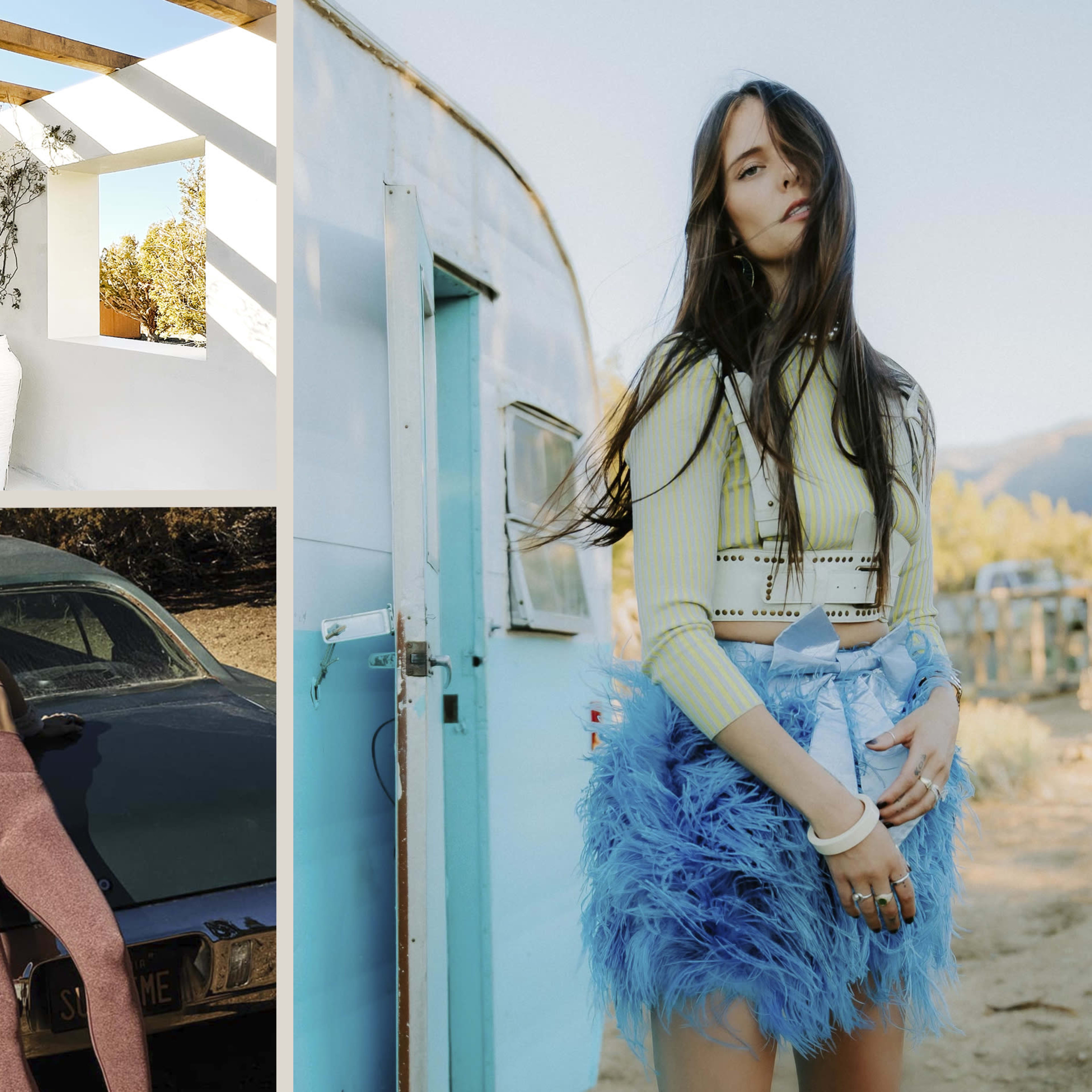 Of three scenes: a minimalist interior featuring a white wall and a potted plant, a woman posing on the hood of a vintage car wearing athletic clothing, and a woman standing next to a vintage trailer in a blue skirt.