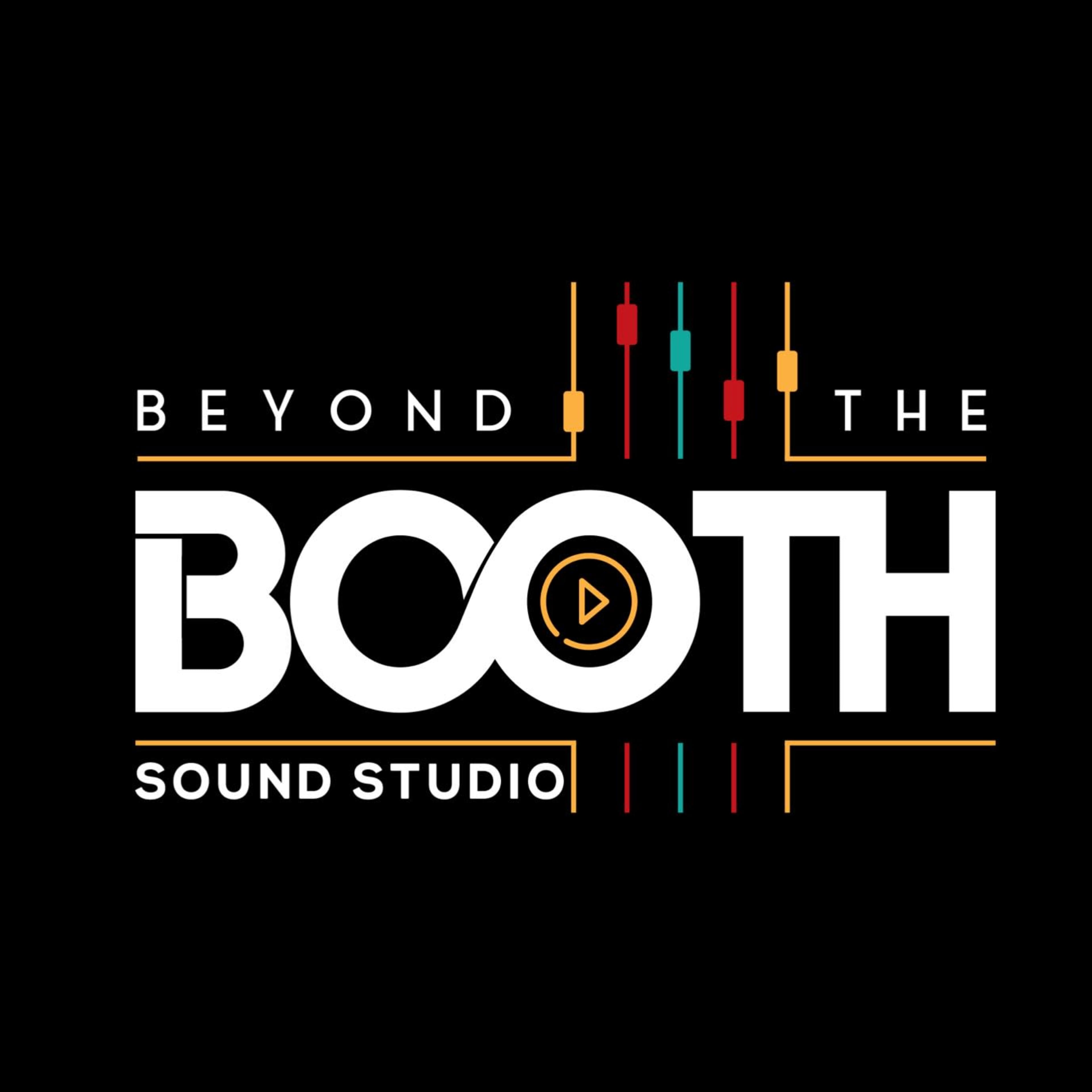 A logo for "Beyond the Booth," a sound studio, with a bold design that includes the text and colorful audio mixing elements.