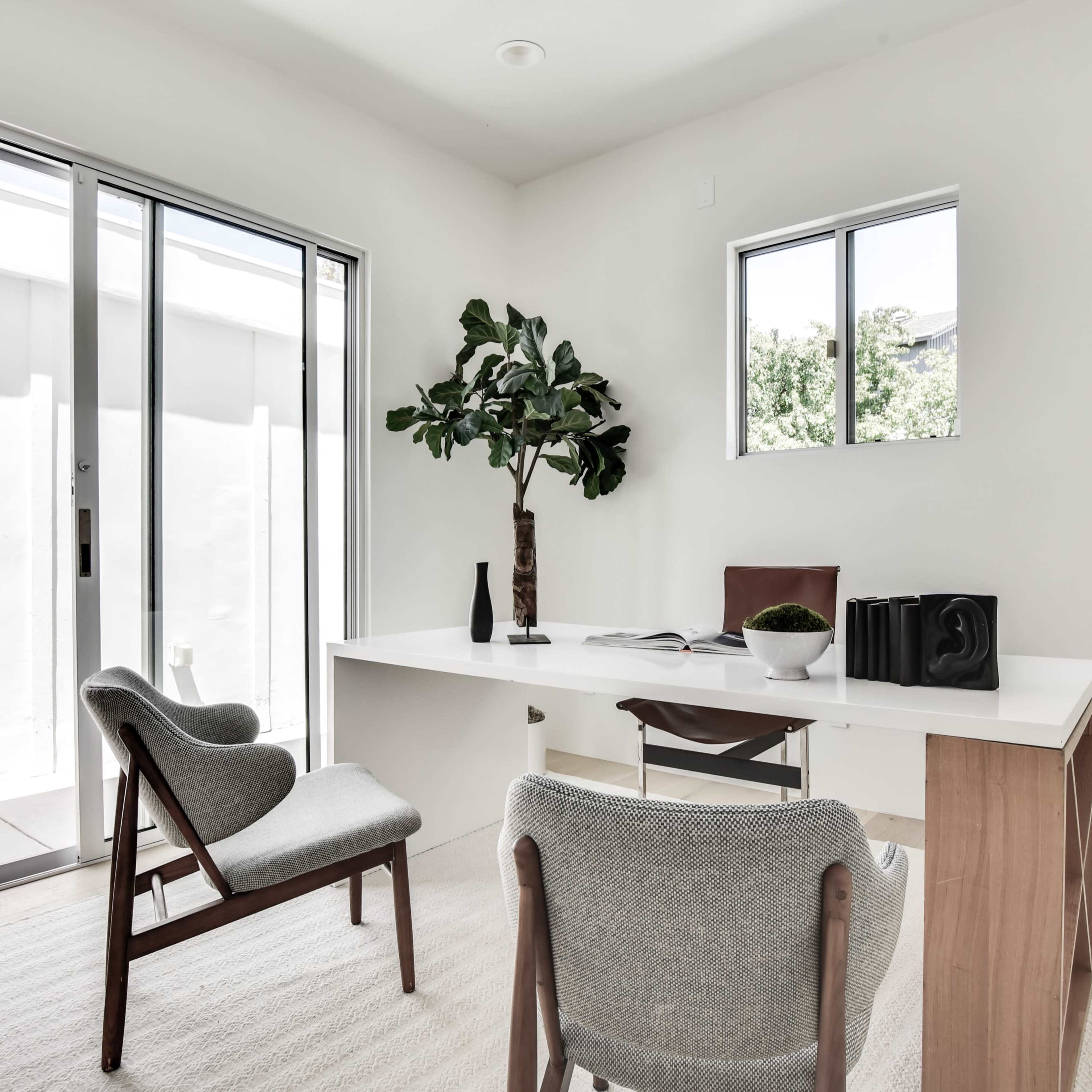 A minimalist office space features a white desk with two chairs, a potted plant, and large windows allowing natural light.