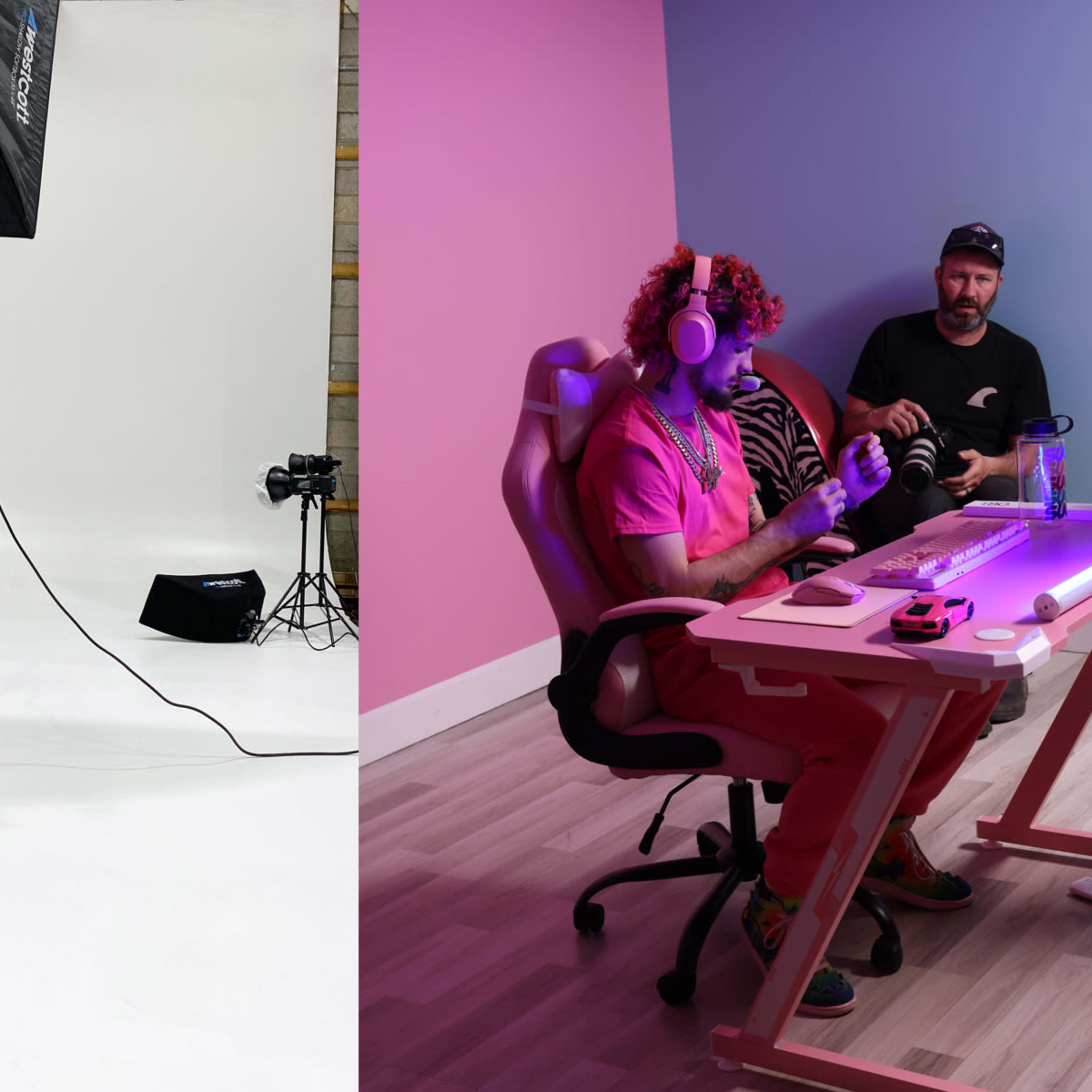 A photography studio setup on the left with a light stand and camera equipment, while the right side features a man with colorful hair sitting at a desk with neon lighting and another person nearby.