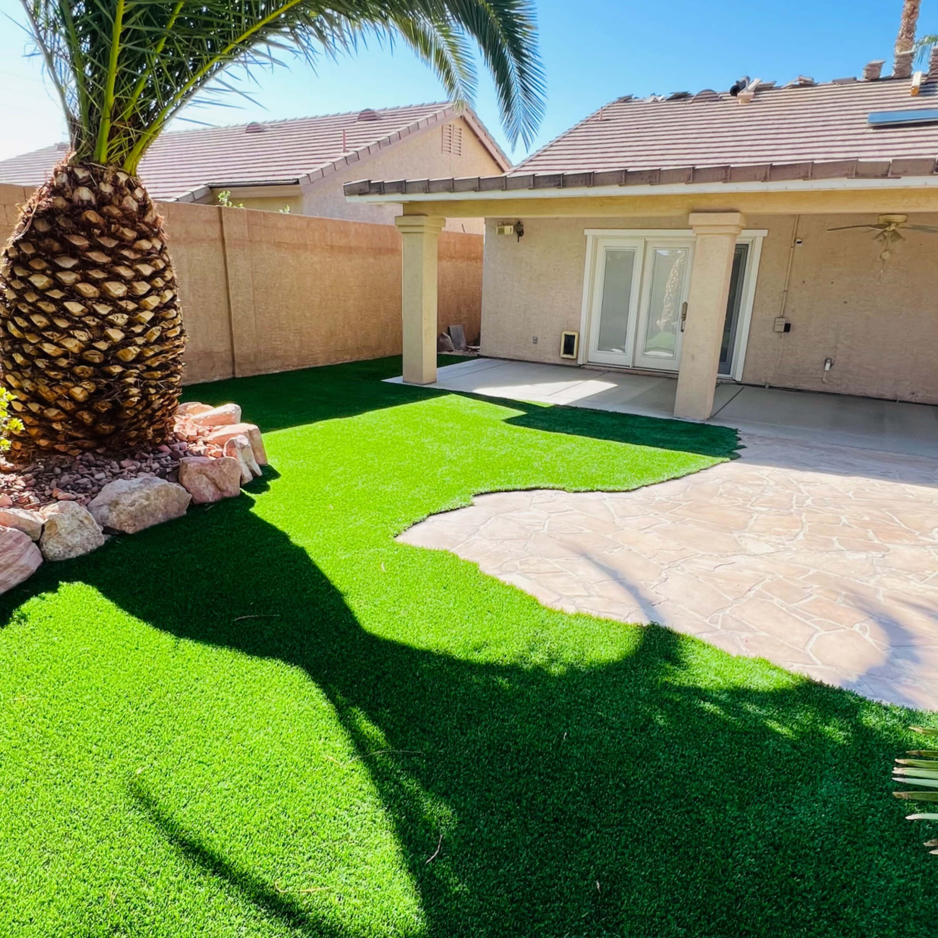 A backyard featuring artificial turf, a palm tree, and a patio area with a stone surface.