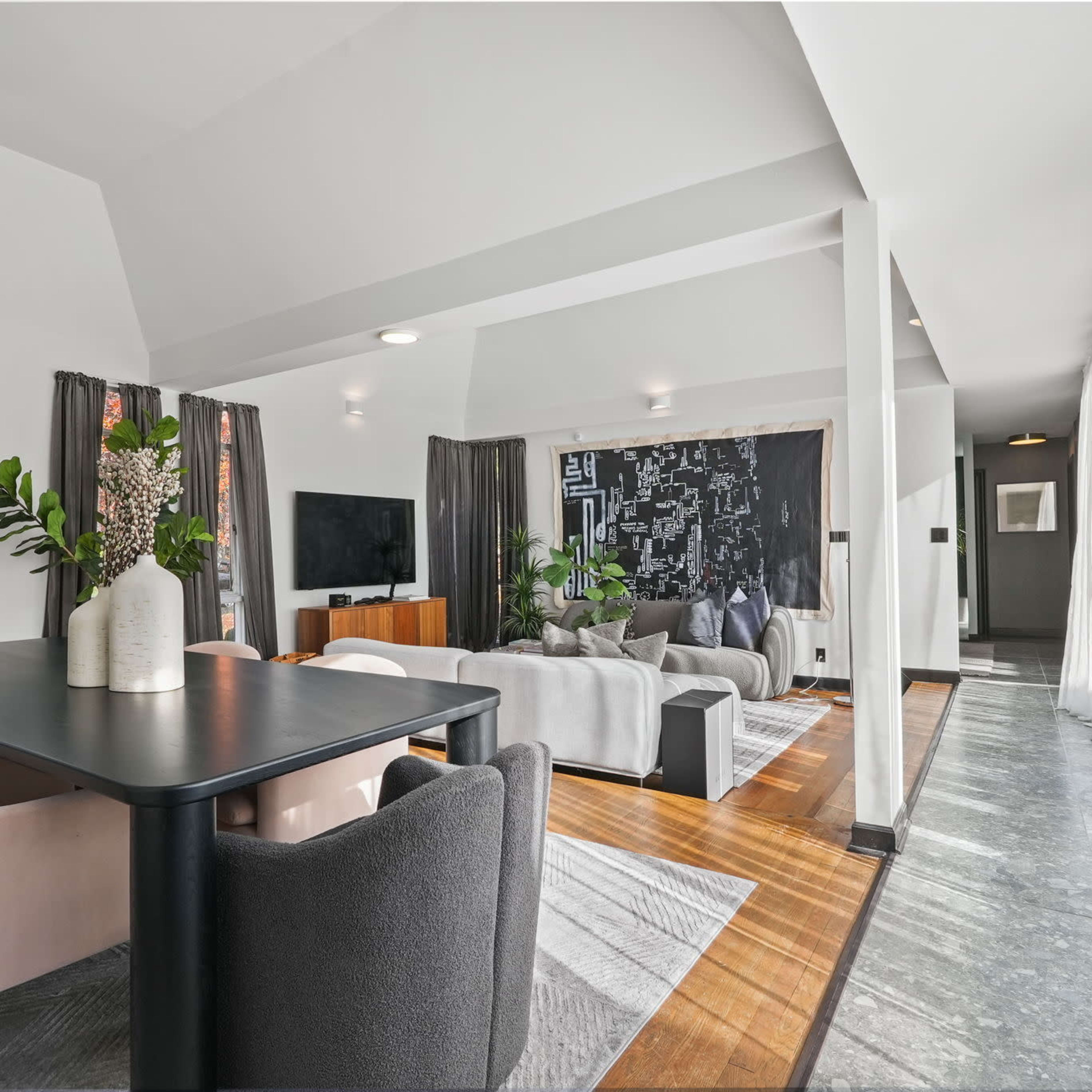A spacious living area features a dark wall mural, a dining table with chairs, and comfortable seating arranged around a television.