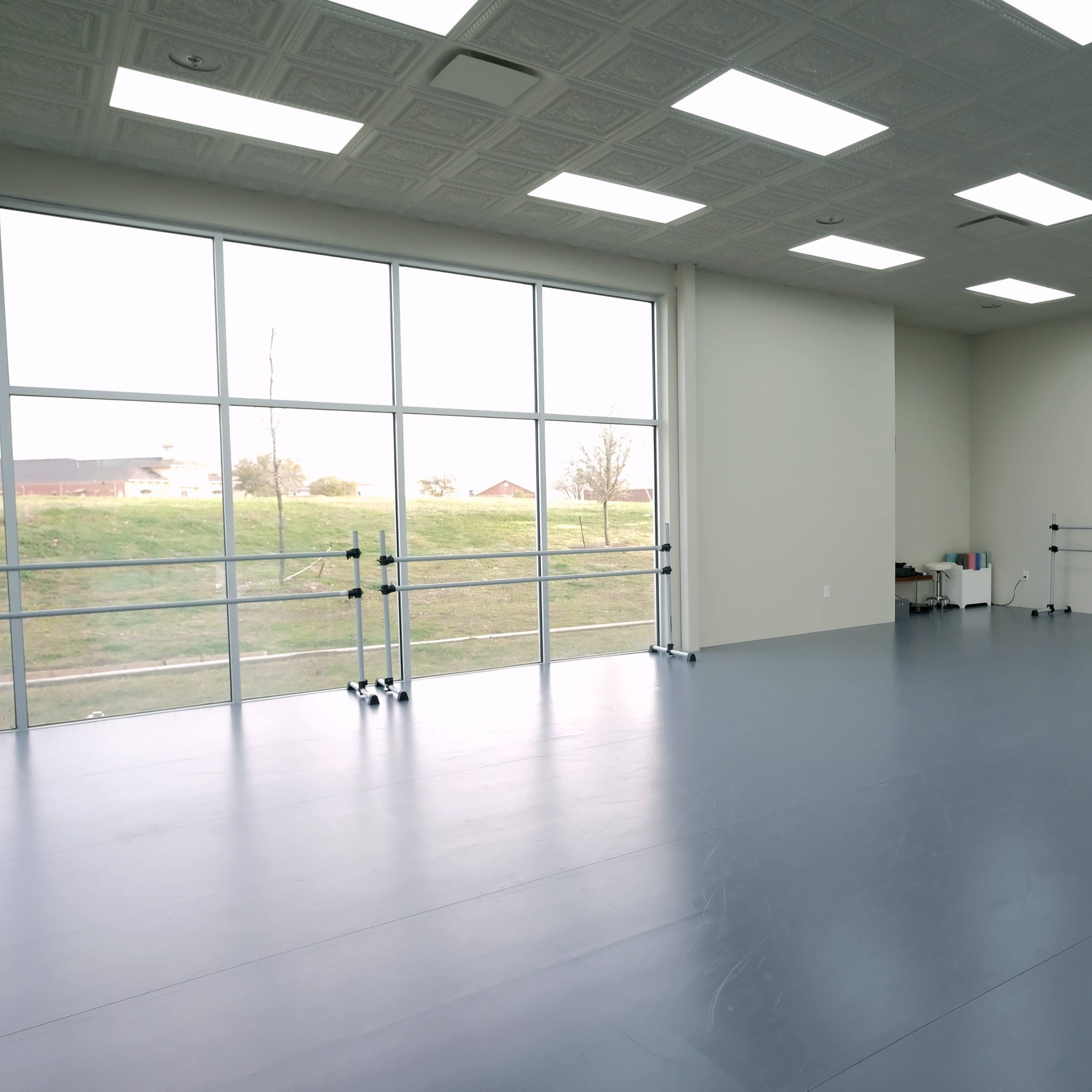 A spacious dance studio features large windows overlooking a grassy area and installed ballet barres along one wall.
