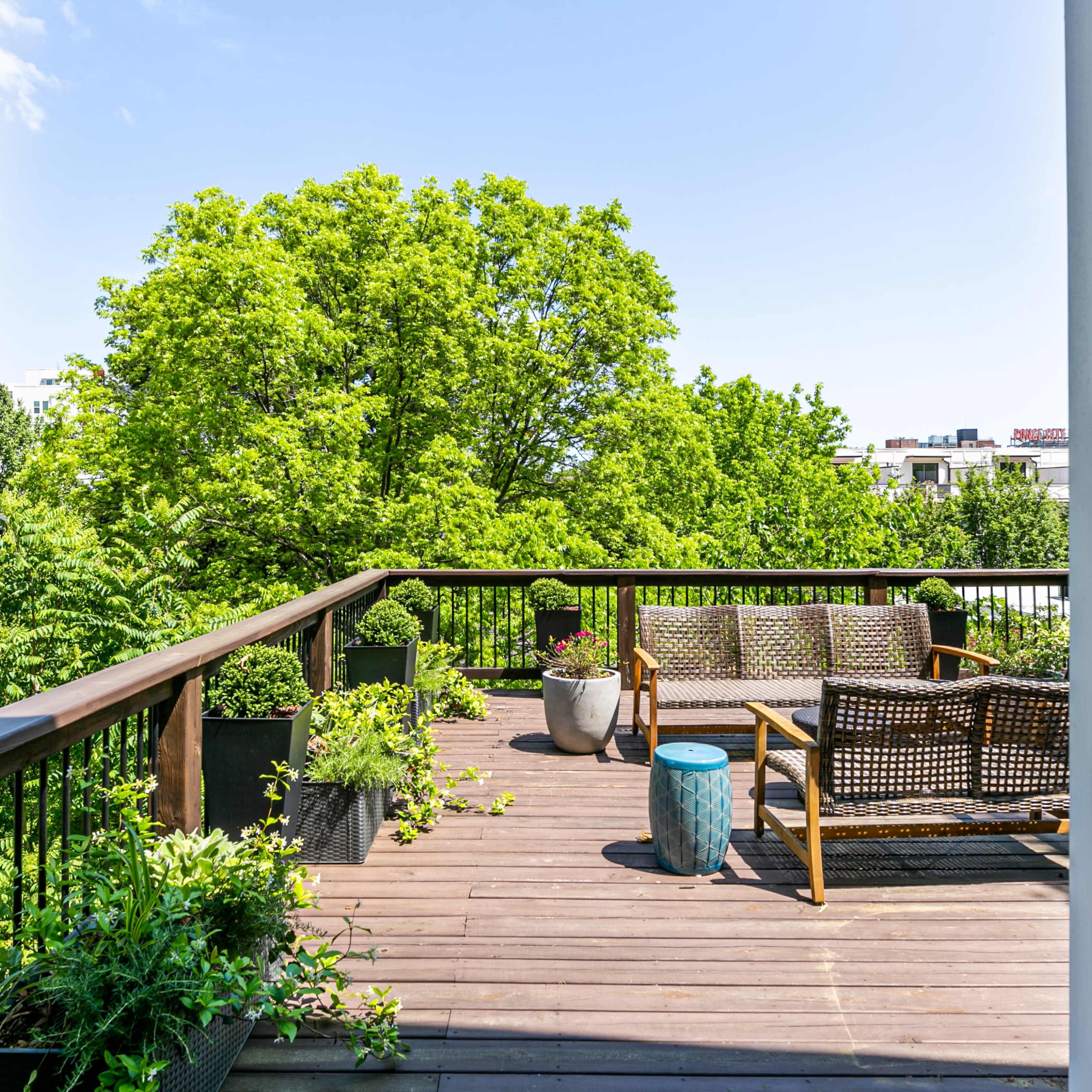 A balcony with wooden decking features a seating area and potted plants, surrounded by lush greenery.