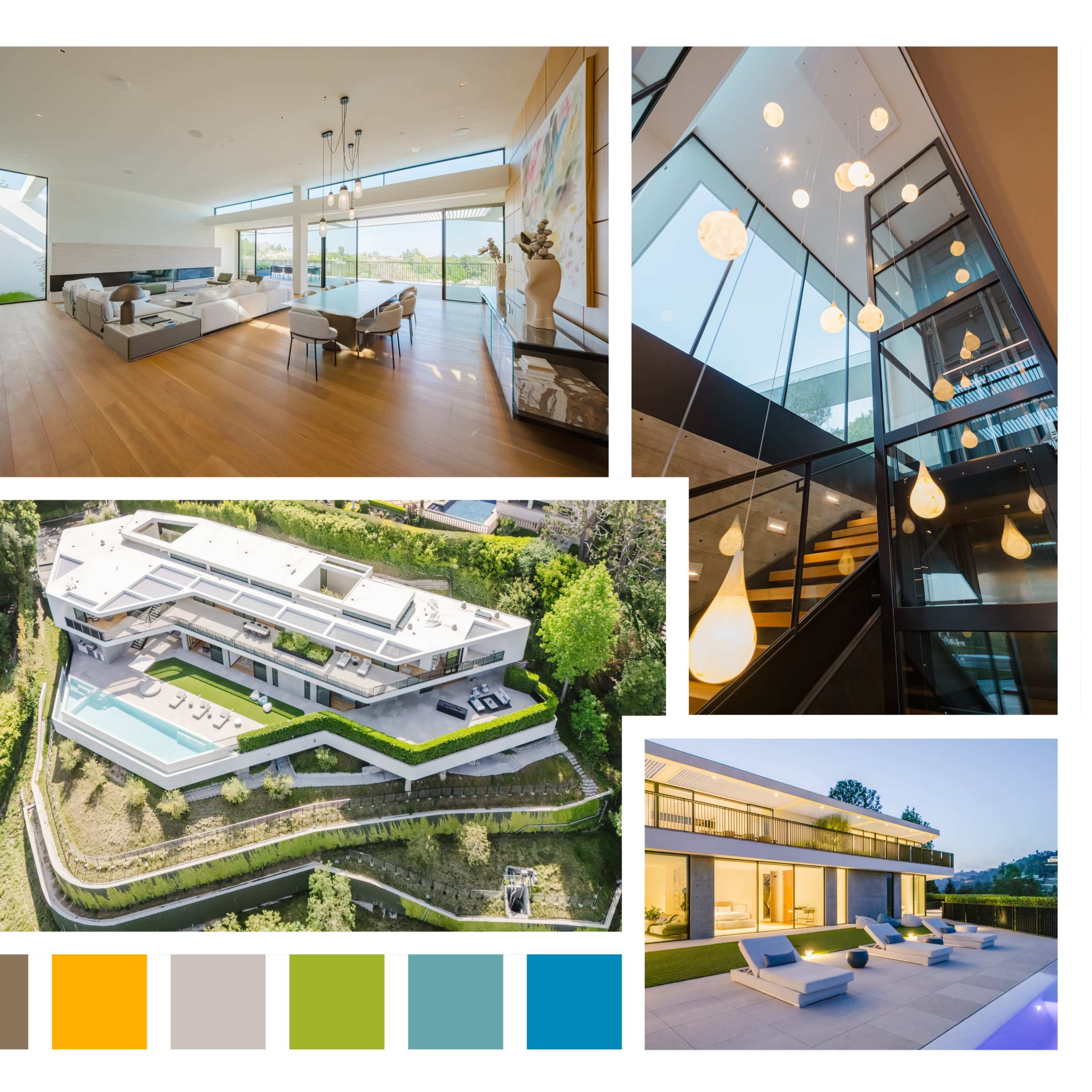 A modern house, showcasing various interior and exterior views, including a spacious living room, a sleek kitchen, and a pool area surrounded by landscaping.