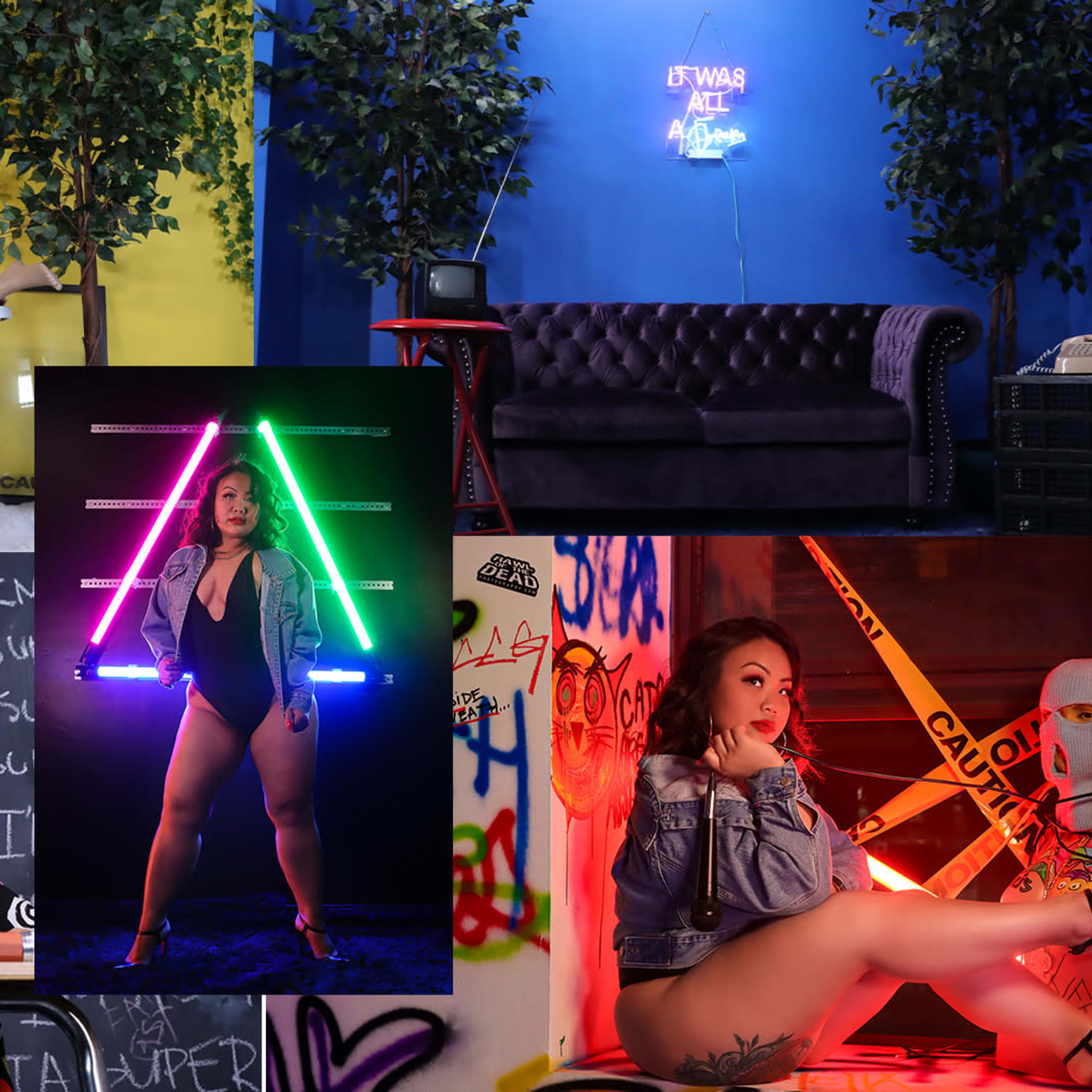A vibrant multi-room setting with contrasting colorful walls, a vintage couch, and neon lights, alongside a model posing with neon geometric shapes.