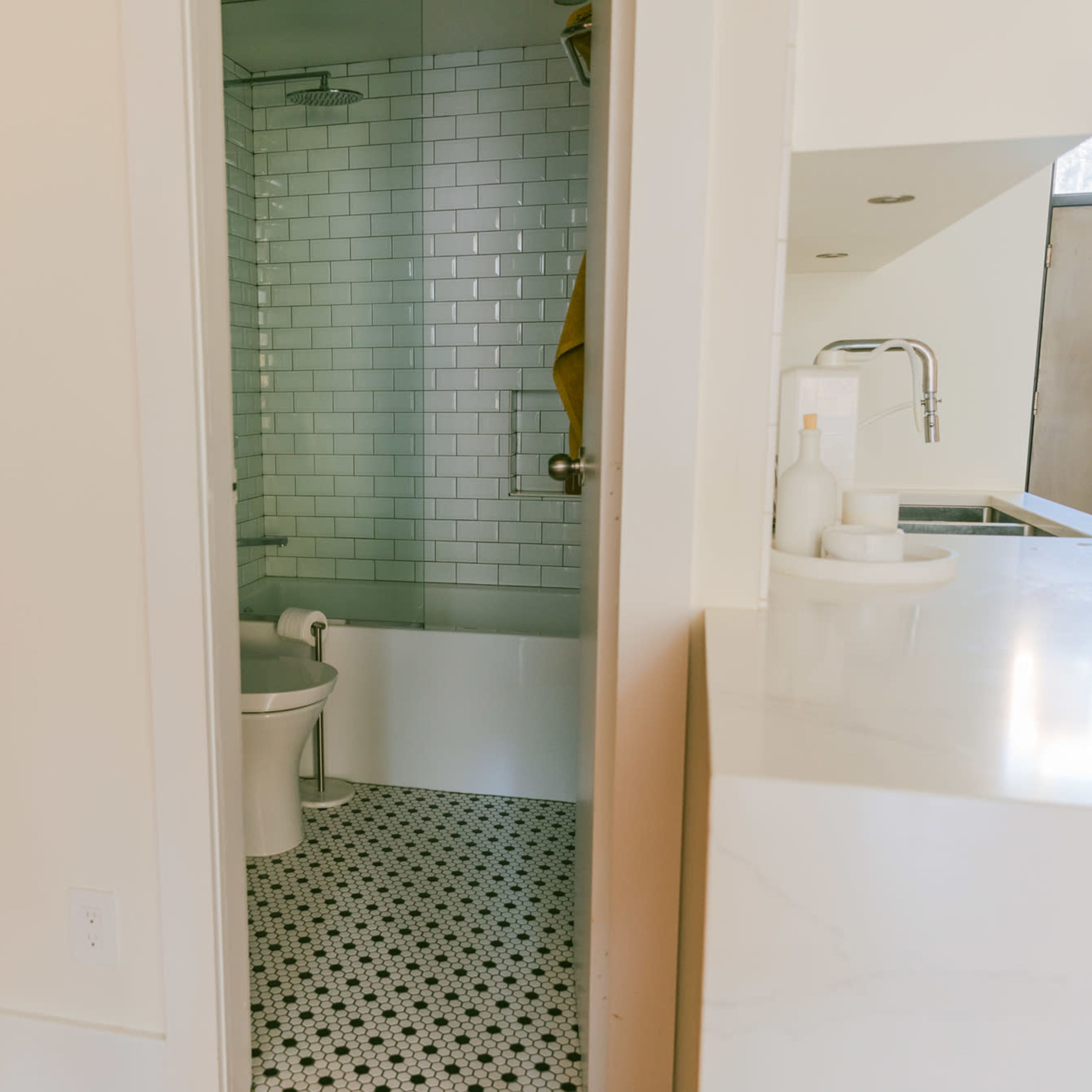 A small bathroom visible from an adjacent room, featuring a tiled shower and a toilet, with a countertop in the foreground.
