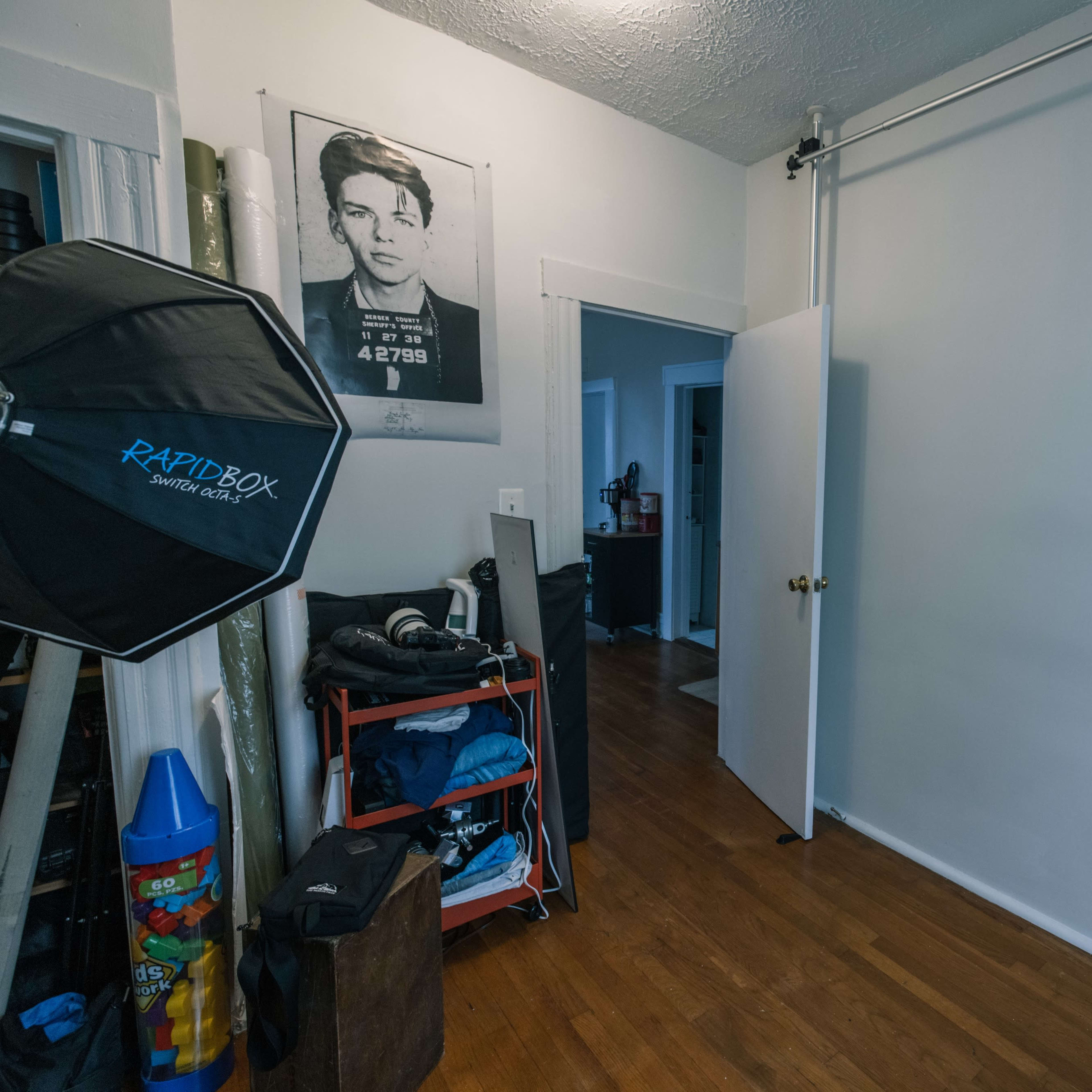 A partially furnished room with a door on the right, a photography umbrella on the left, and a wall featuring a large portrait above a shelf.