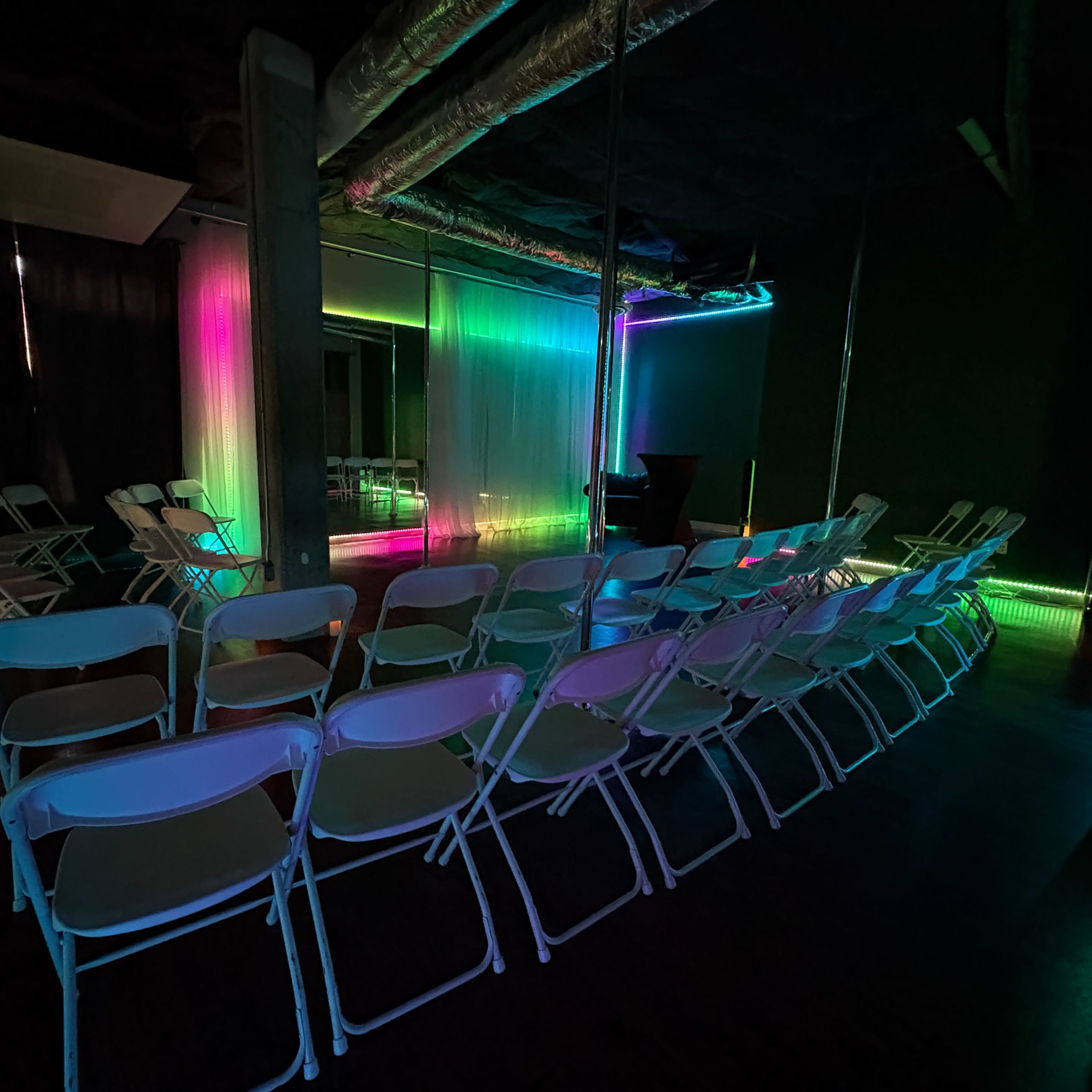 Urban, studio, yoga space, speakeasy, photoshoot, pole dancing. Image in Fremont, Seattle, WA