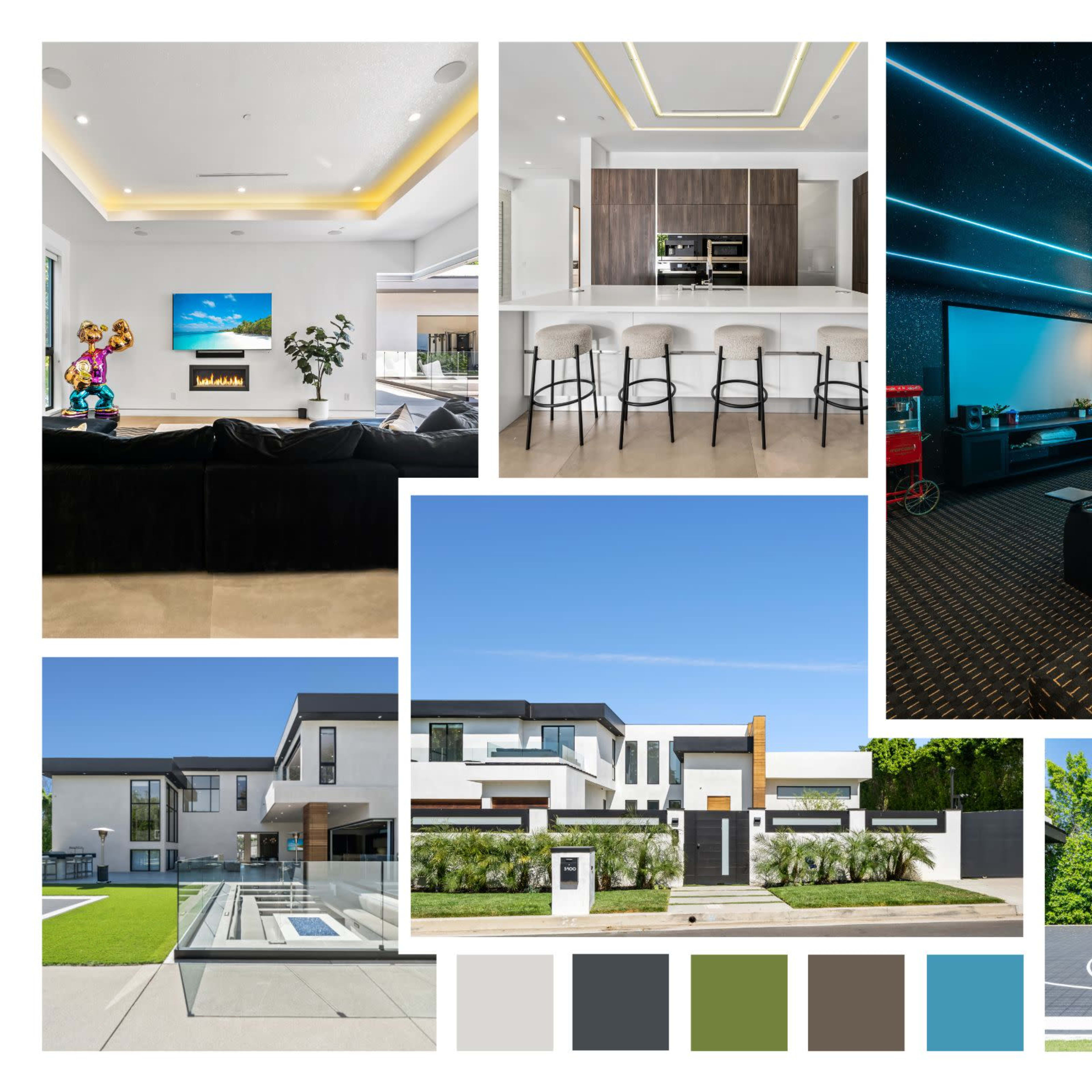 A collage of modern home interiors and exteriors, including a living room, kitchen, home theater, swimming pool, and outdoor basketball court.