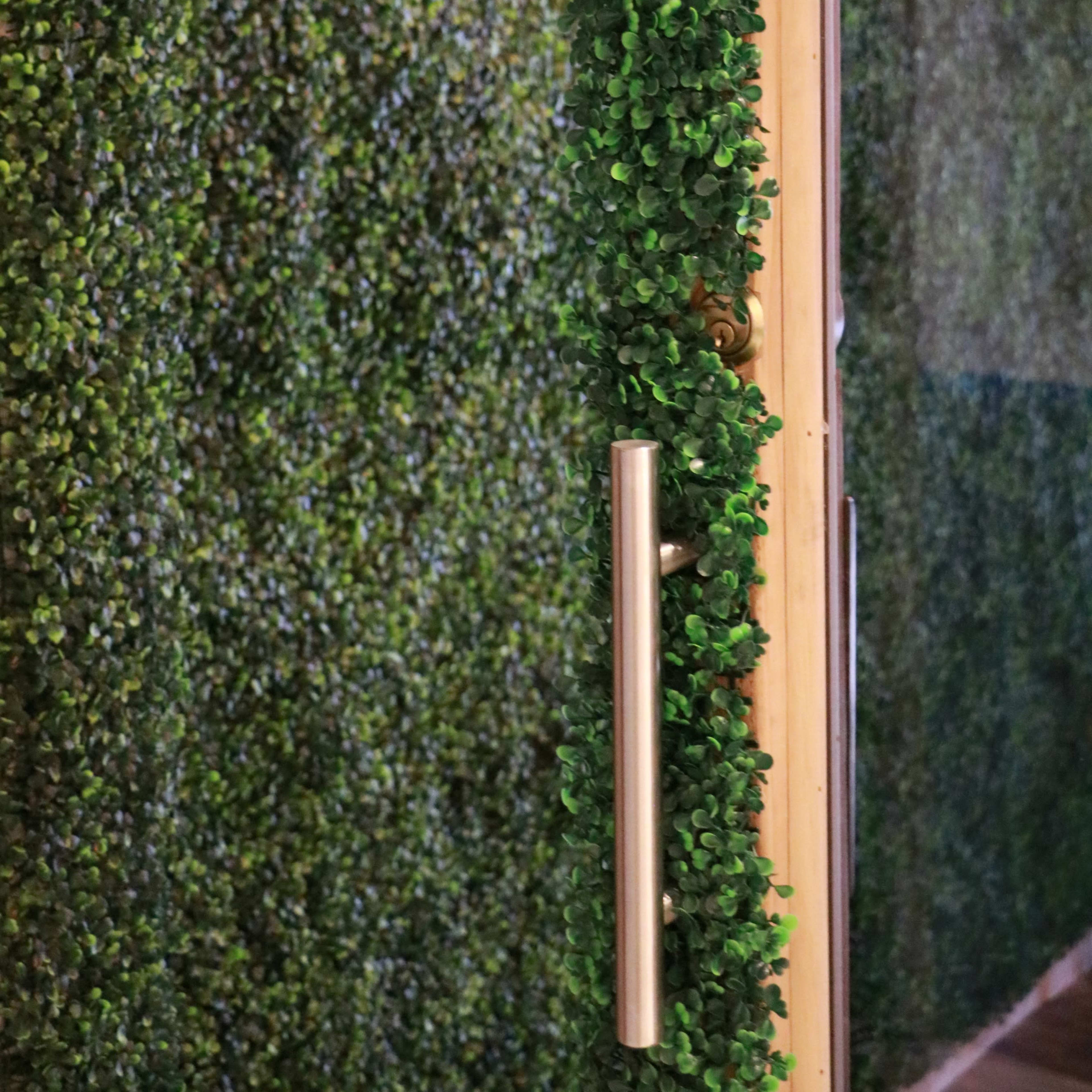 A door with a silver handle is partially open, revealing a wall covered in artificial greenery.