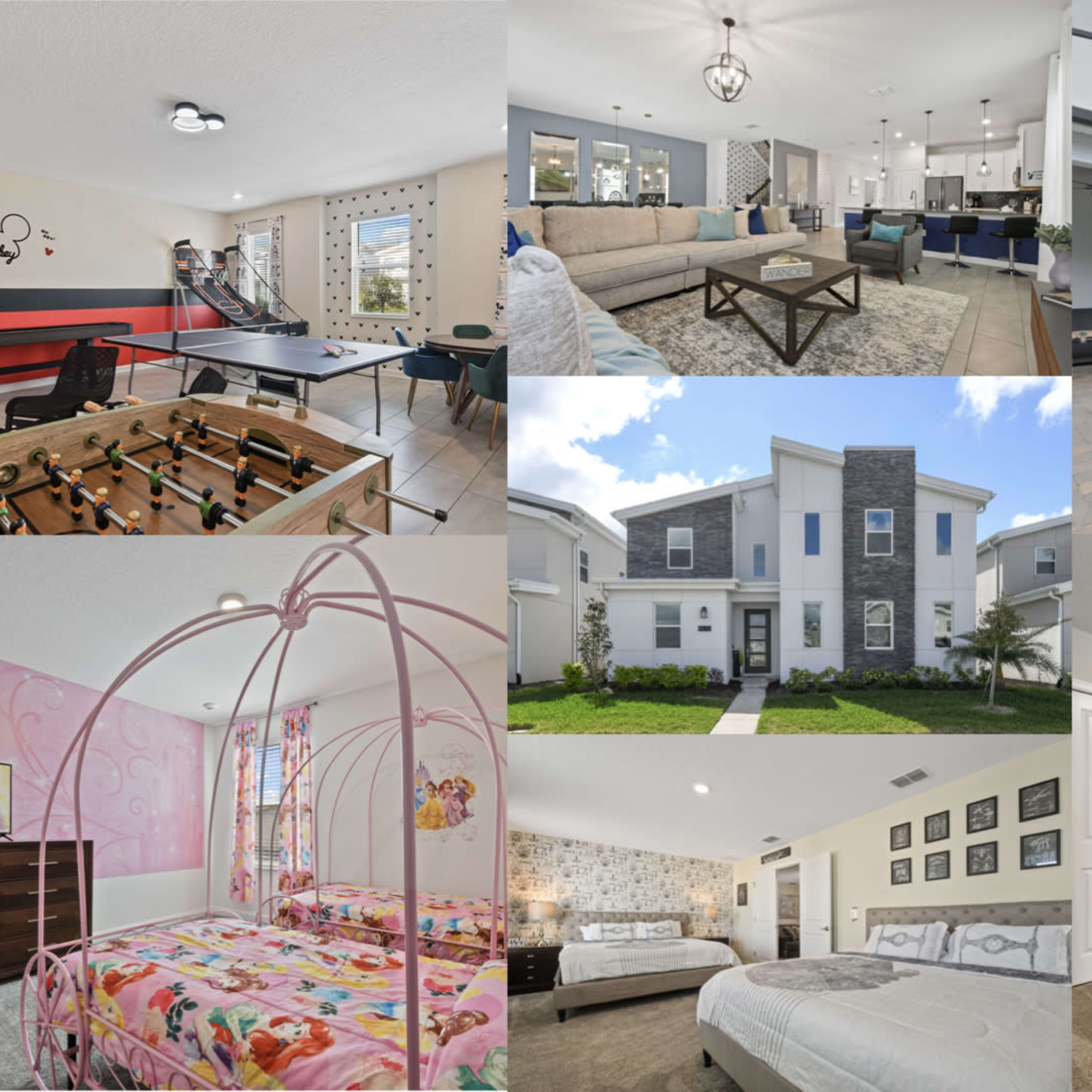 Various areas of a vacation rental property, including a game room with foosball and table tennis, a living area, a pool with a screened enclosure, multiple bedrooms, and the exterior of the home.
