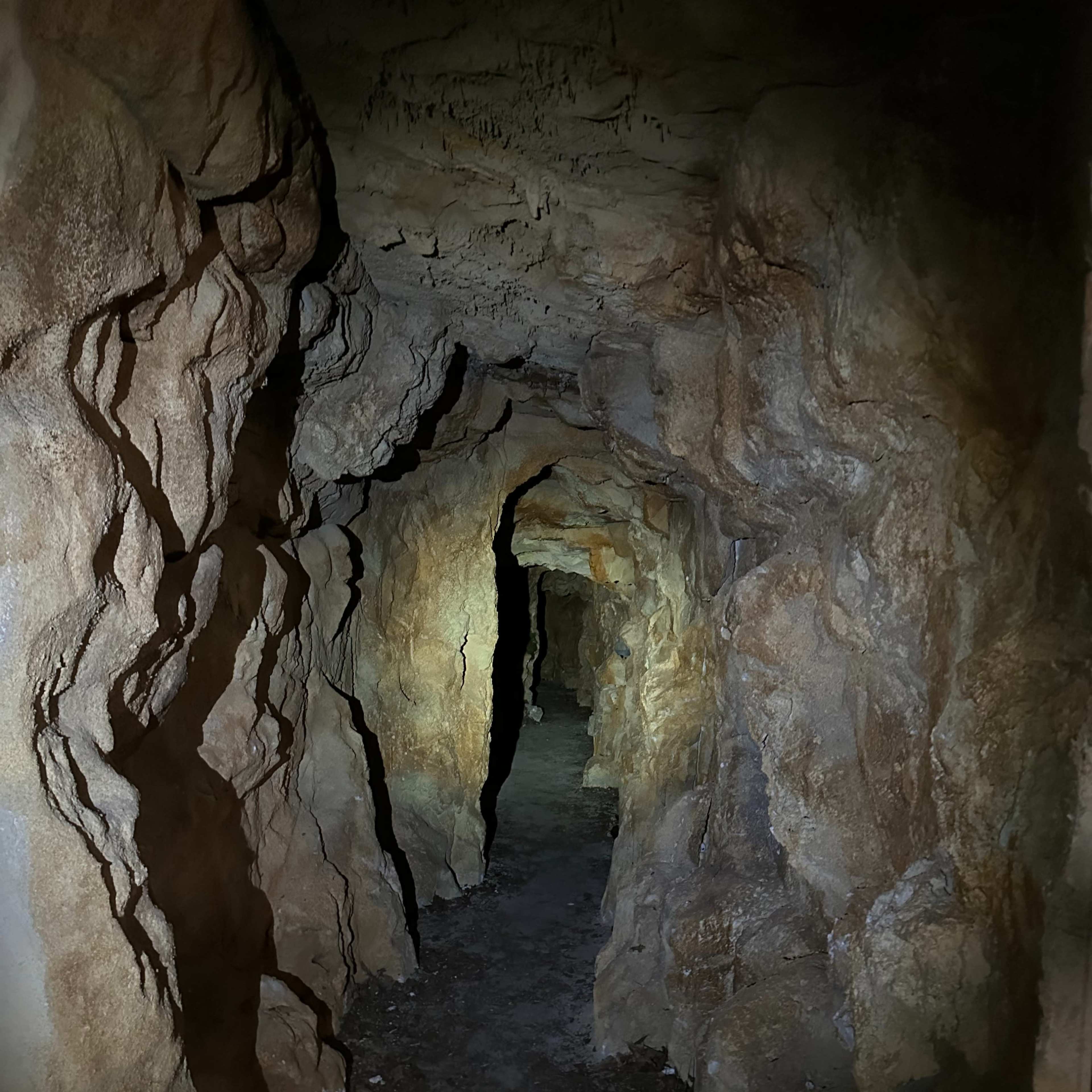 A narrow, dimly lit tunnel carved into rocky walls leads deeper into the darkness.