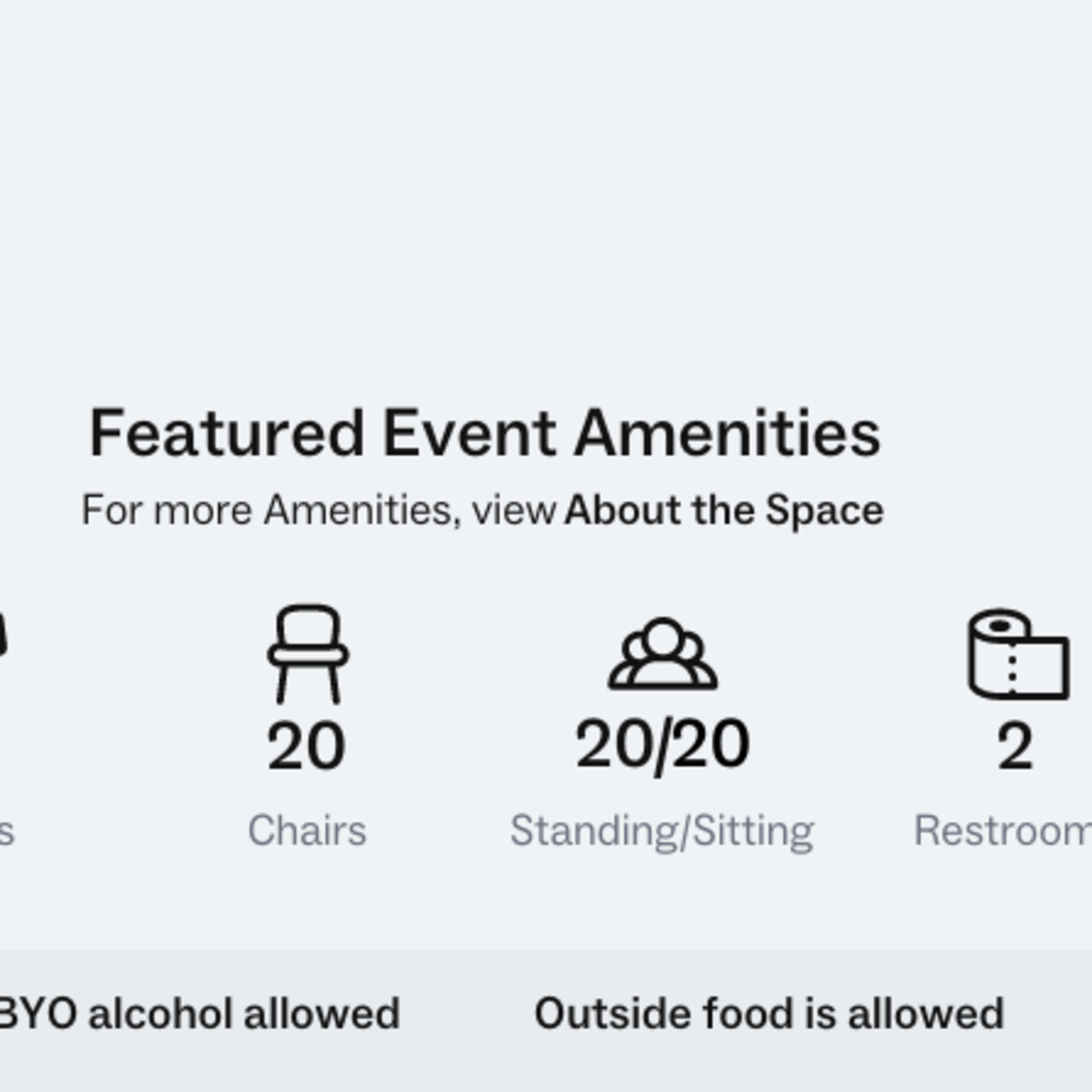 A list of event amenities, including 0 tables, 20 chairs, a standing/sitting capacity of 20, and 2 restrooms, along with notes about BYO alcohol and outside food being allowed.