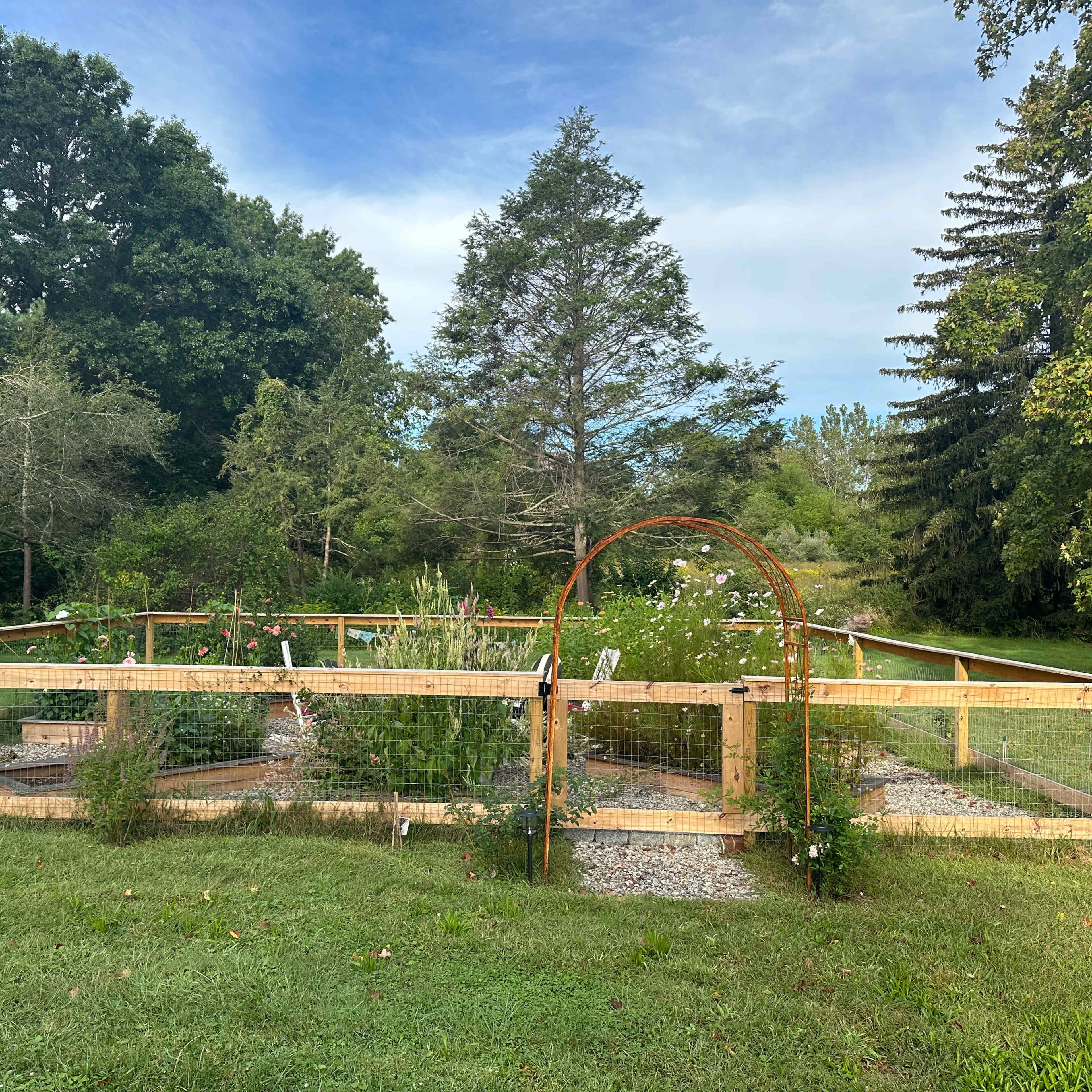 A wooden fenced garden enclosure with a metal archway entrance sits in a grassy area surrounded by trees.