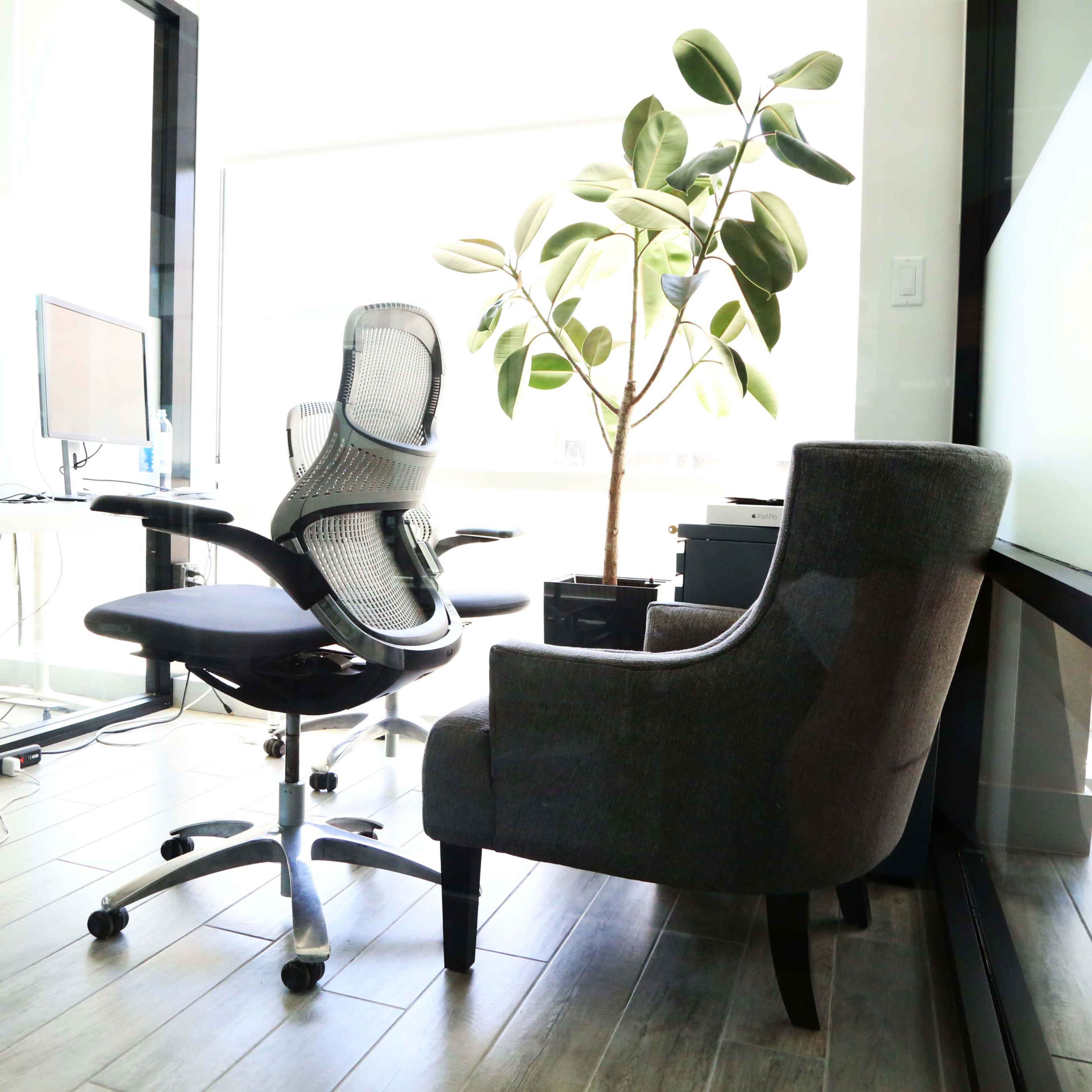 A modern office space with a desk, an ergonomic chair, and a potted plant beside an armchair.
