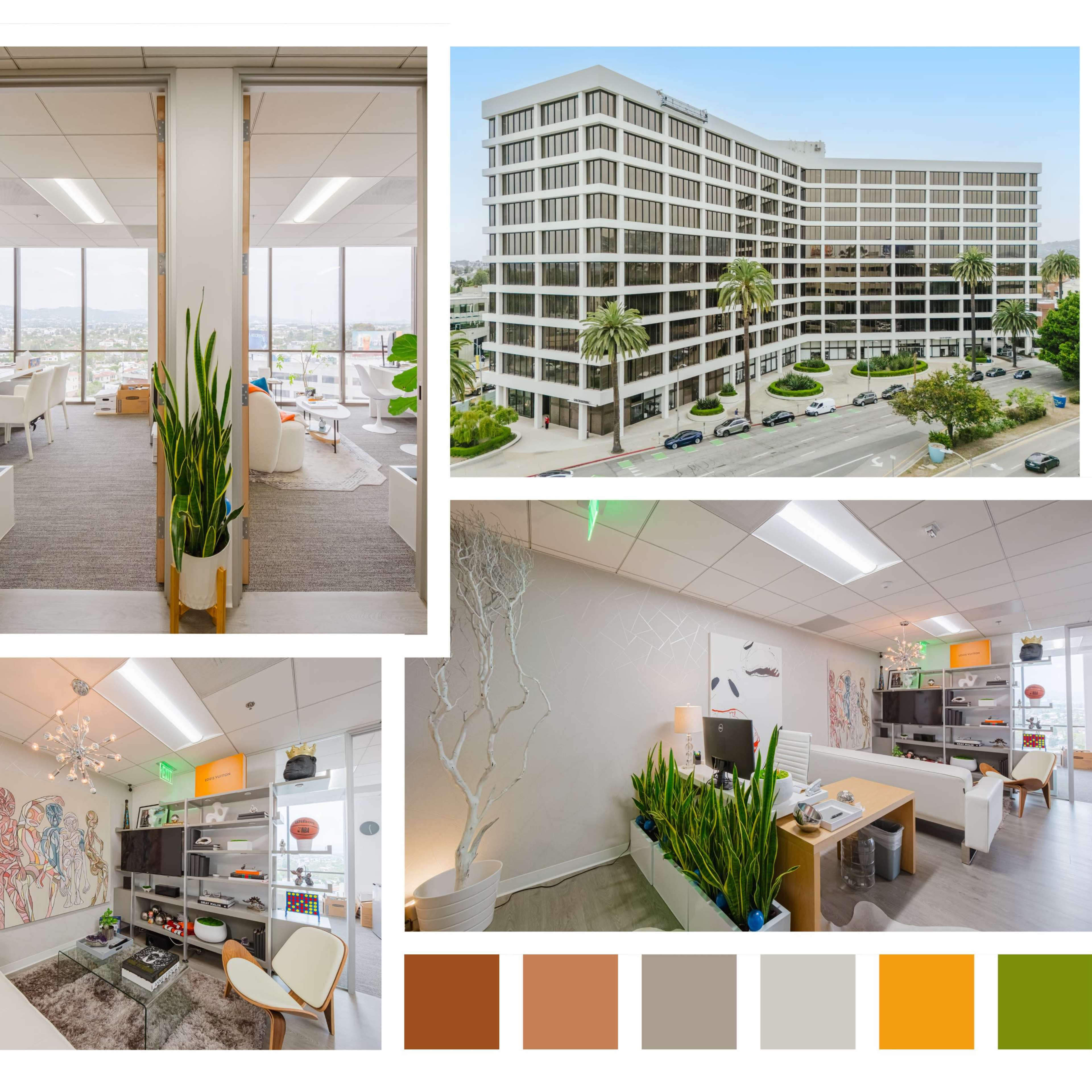 A modern office environment featuring various spaces, including a reception area, workstations, and windows with views of a cityscape and landscaping outside a contemporary building.