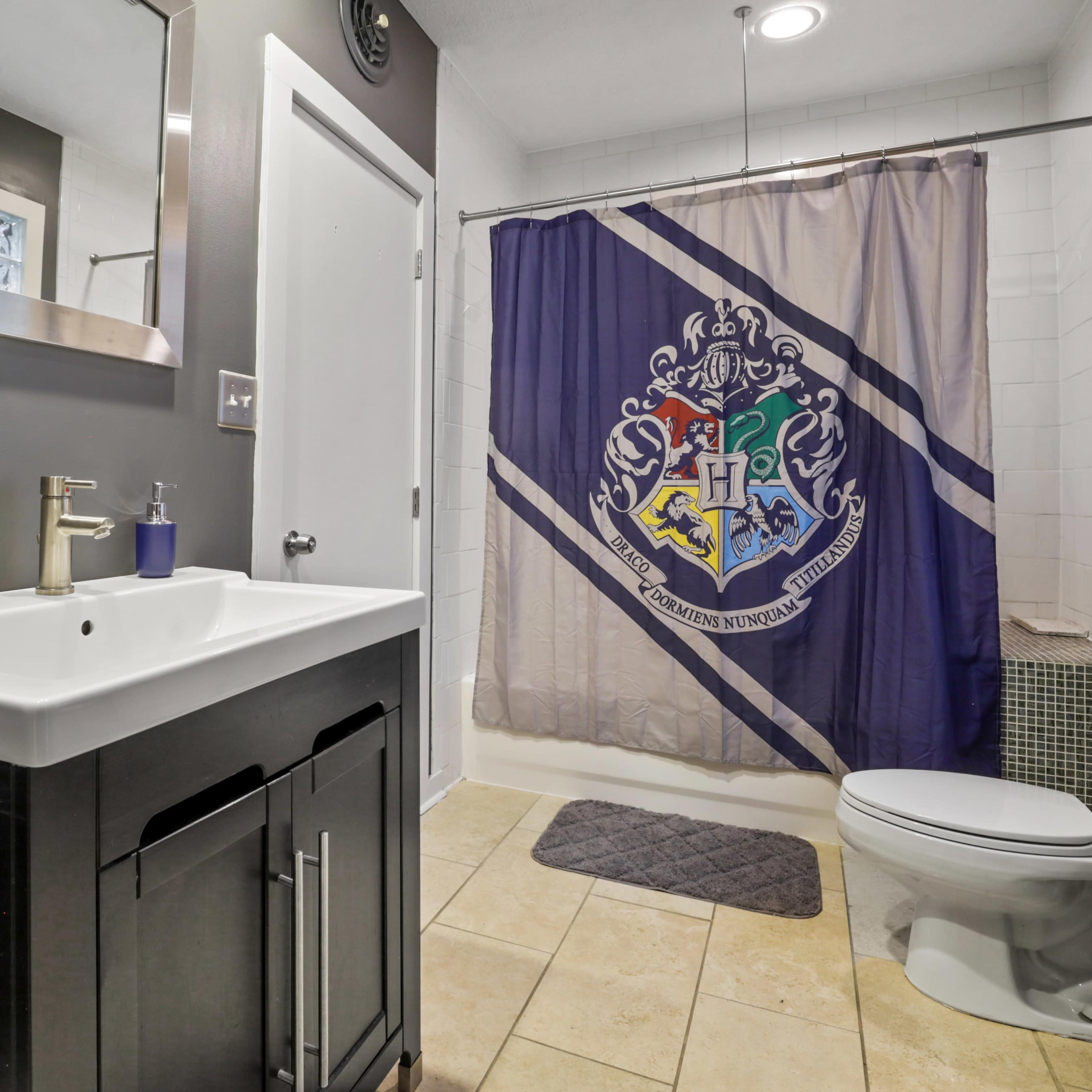 The bathroom features a modern sink cabinet, a toilet, and a shower curtain adorned with a colored crest design.