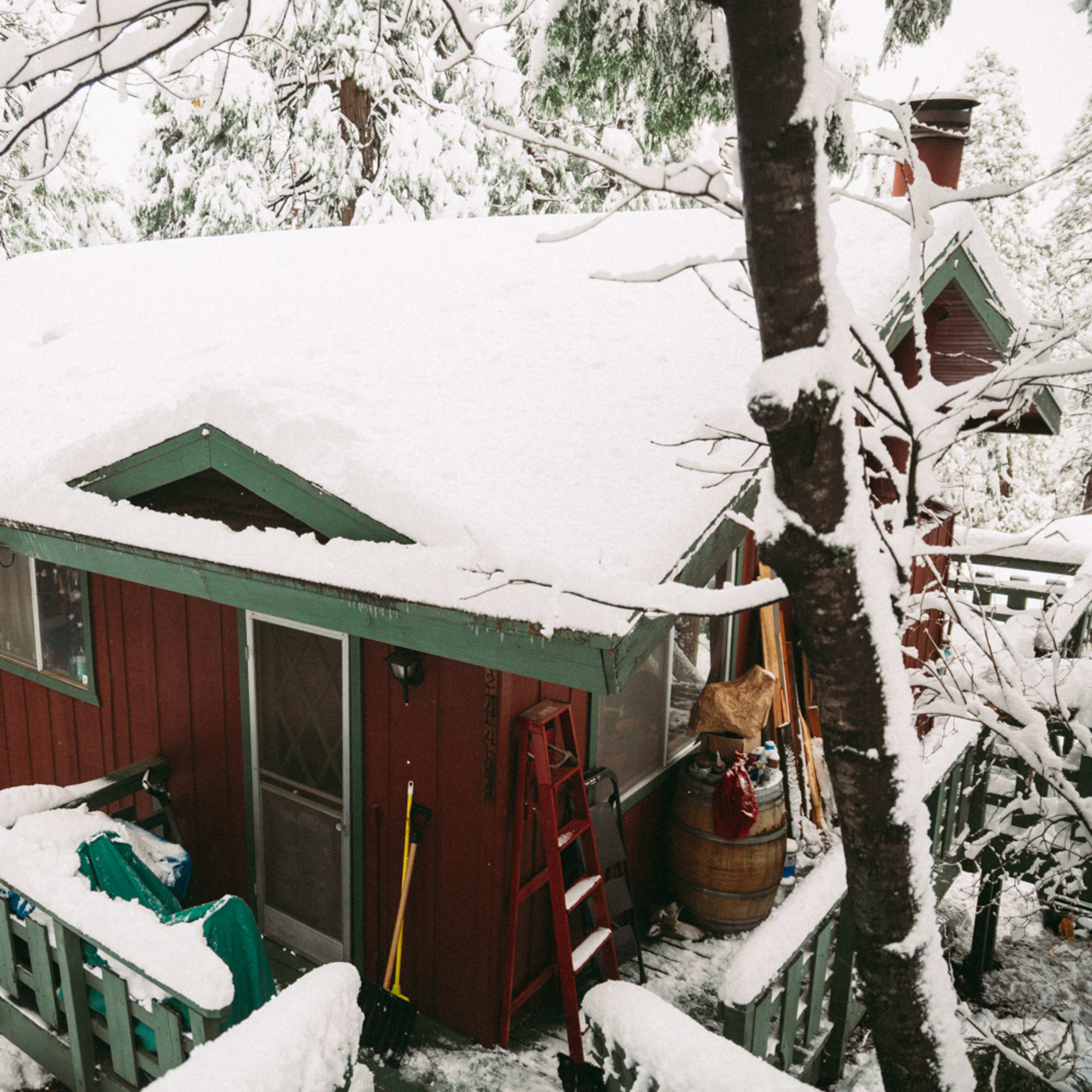 A small red cabin with a green roof is covered in snow, surrounded by tall trees in a winter landscape.