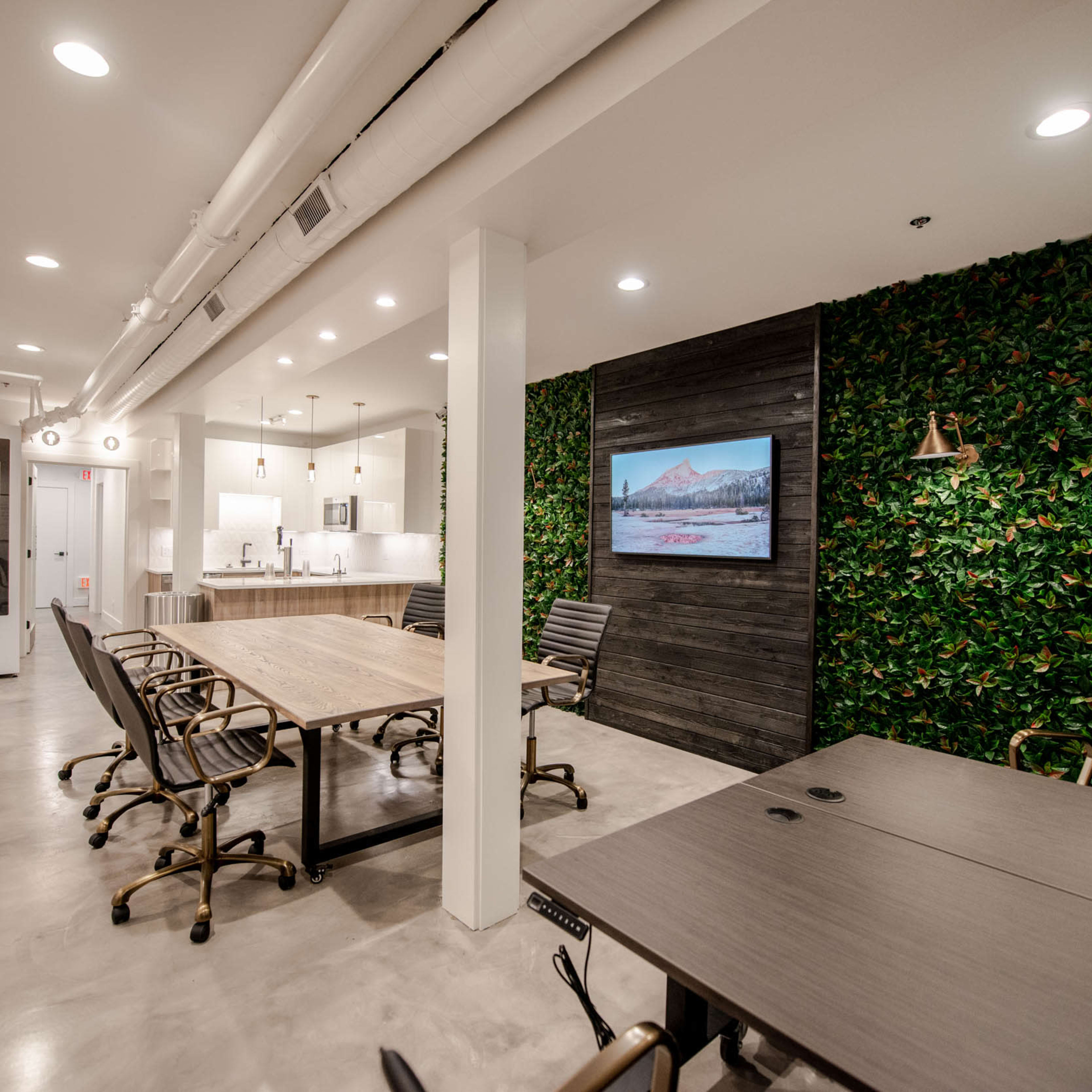 A modern office space featuring a large conference table, office chairs, a green accent wall with plants, and a television mounted on a wooden panel.