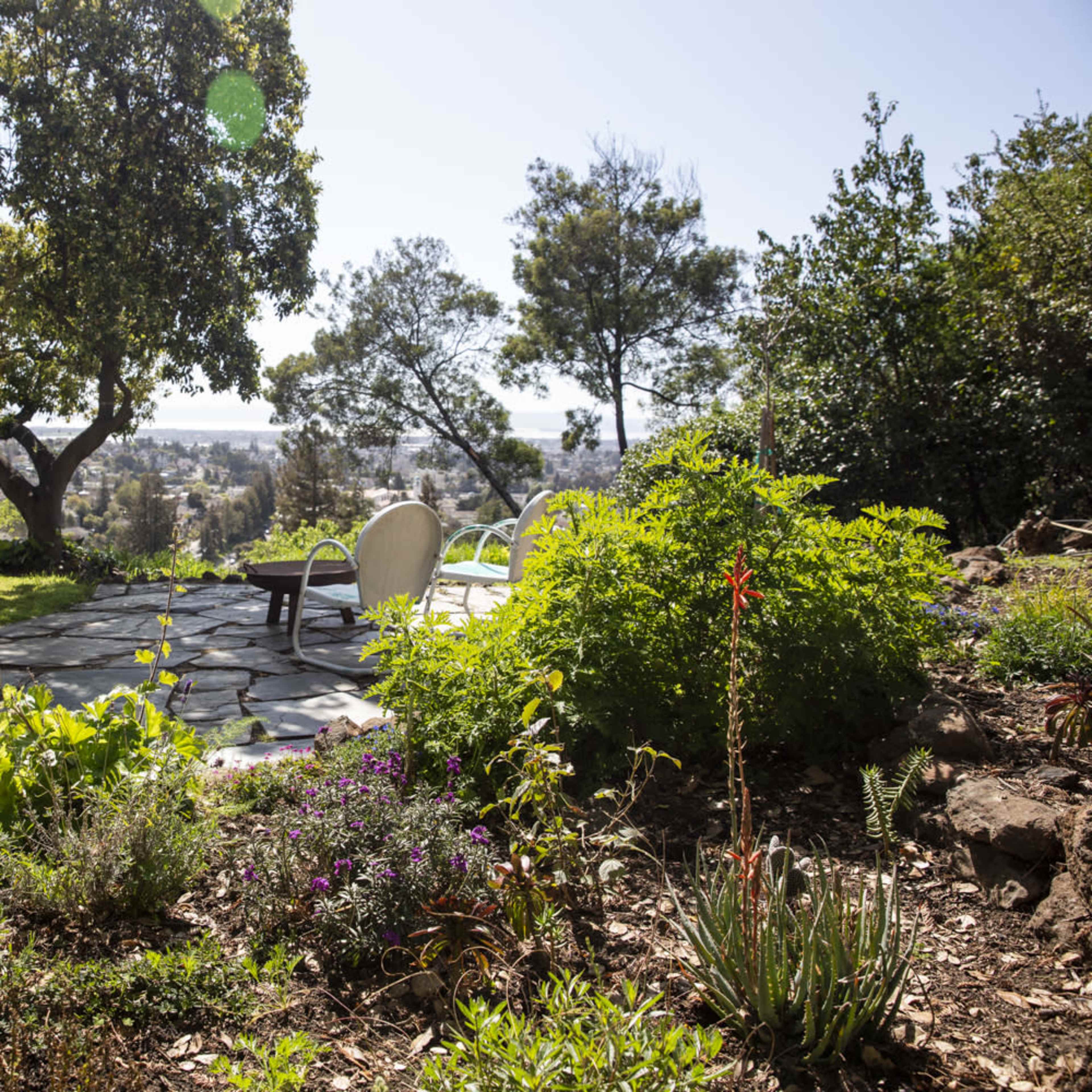 A stone patio overlooks a green landscape with chairs and a table, surrounded by various plants.