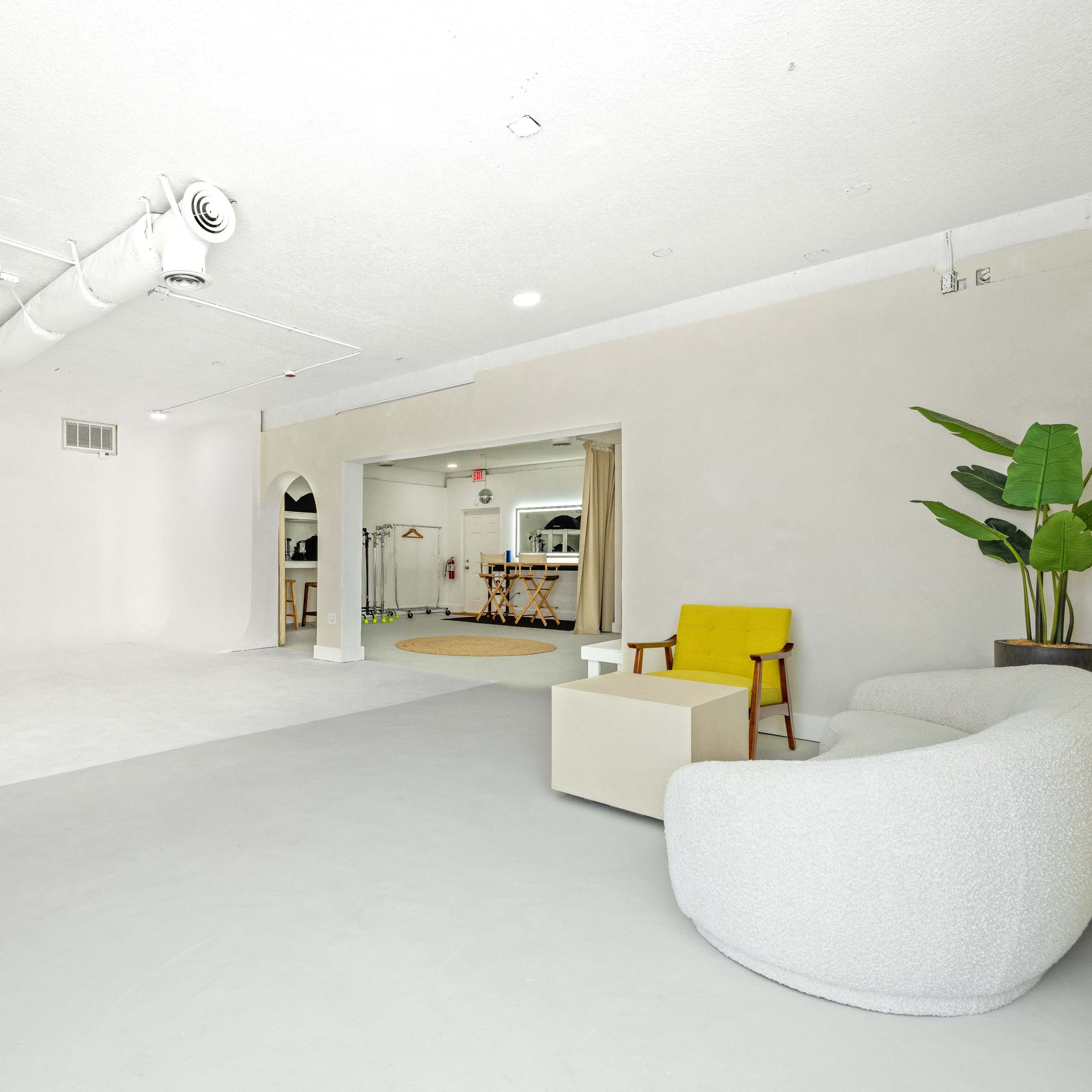A spacious, minimally furnished studio with white walls, a light gray floor, a curved sofa, a small chair, and a large plant in the corner.