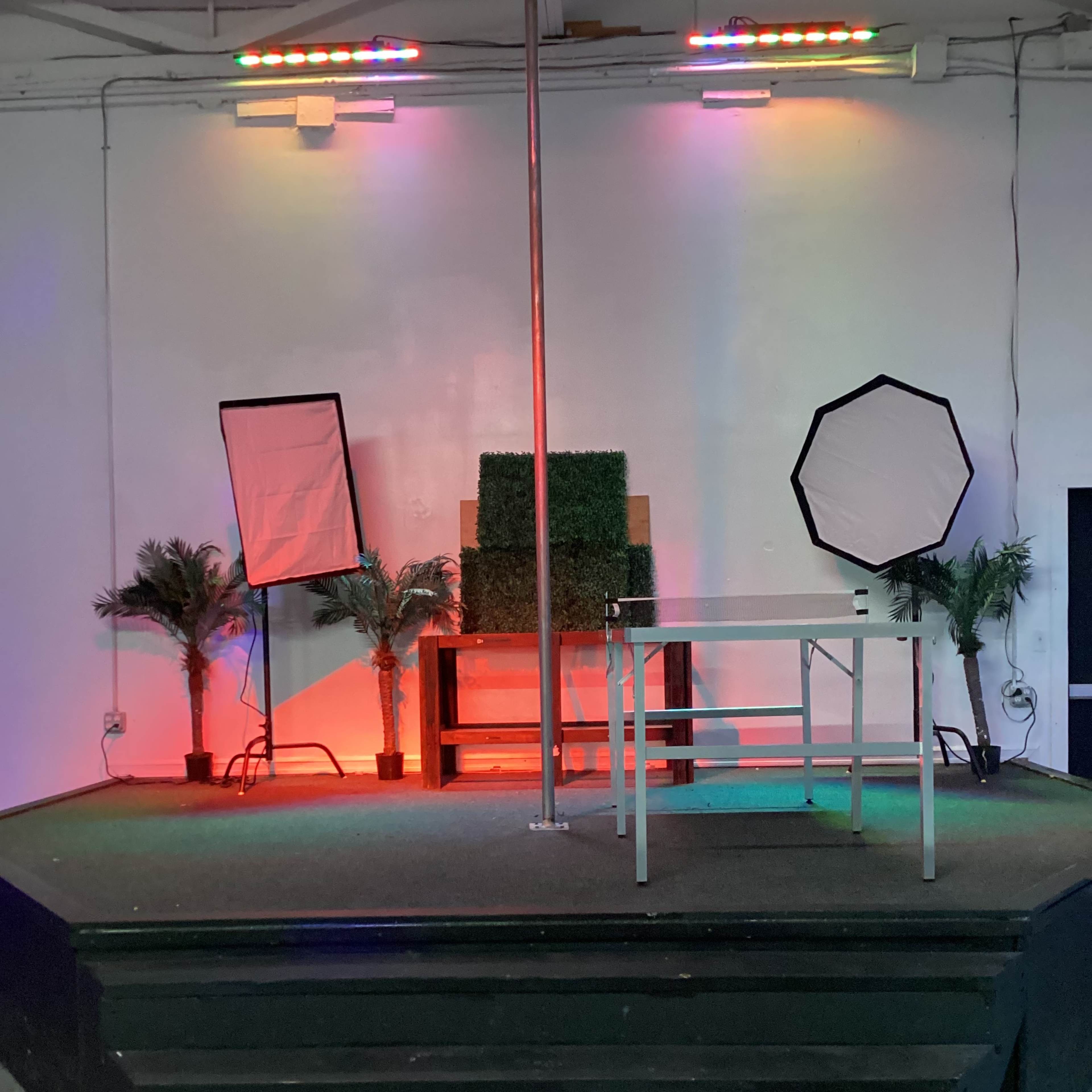 A stage set up with a central pole, flanked by two palm plants, a chair covered in greenery, and lighting equipment on either side.