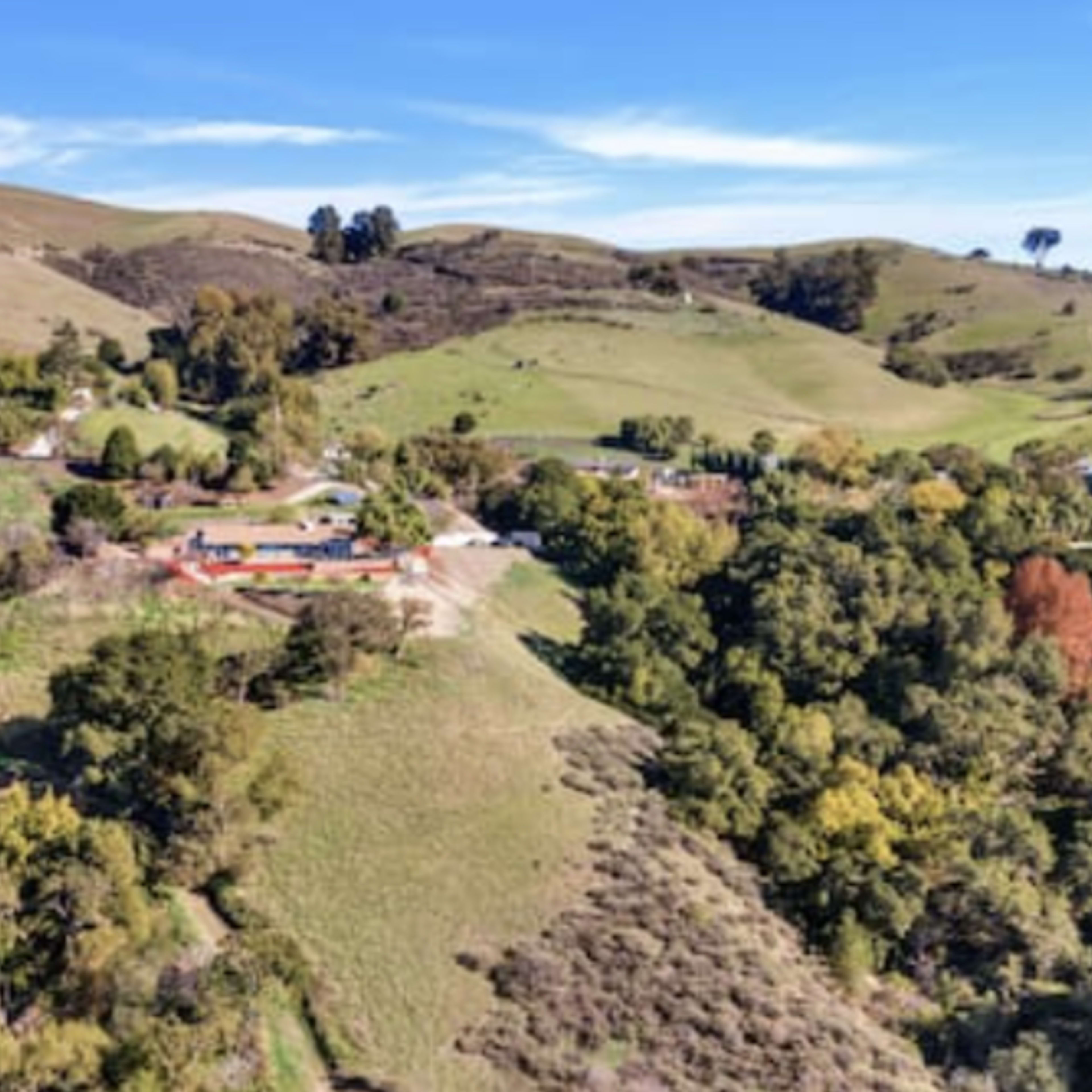 A rural landscape with rolling green hills, scattered trees, and a cluster of residential buildings in the foreground.