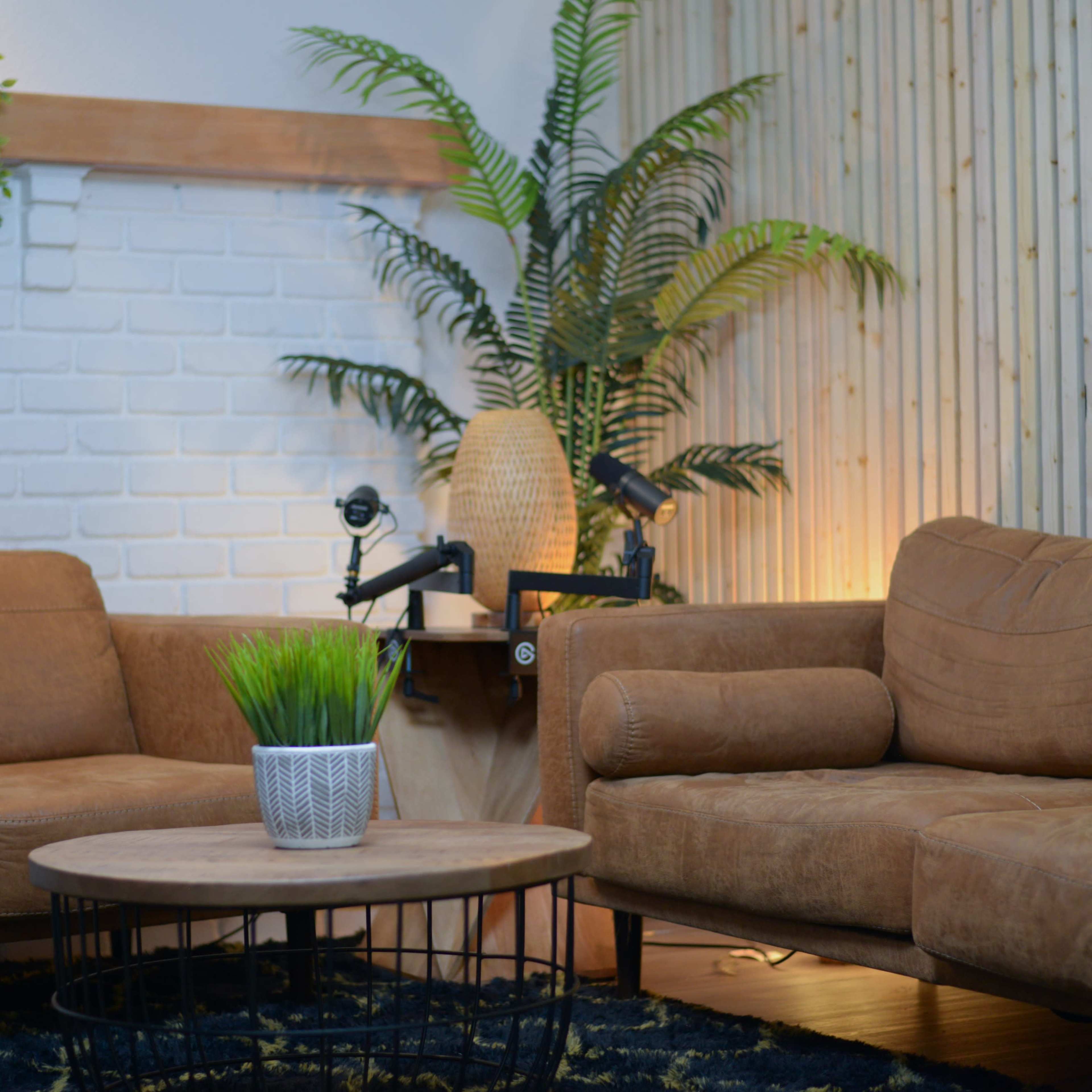 A cozy living room with two brown sofas, a round wooden coffee table, and a large potted plant against a white brick wall.