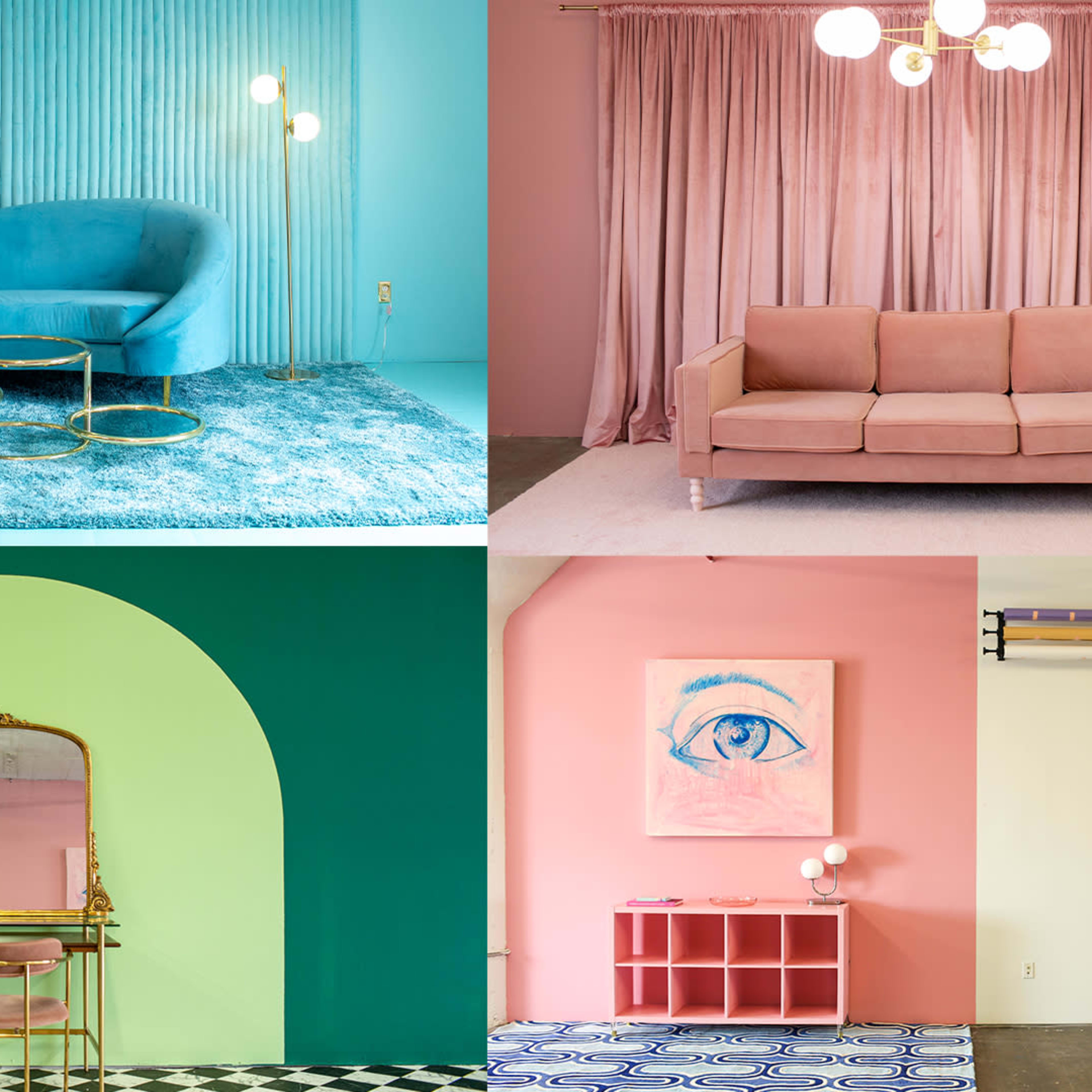 Four distinct interior scenes featuring various color schemes, furniture, and decorative elements.