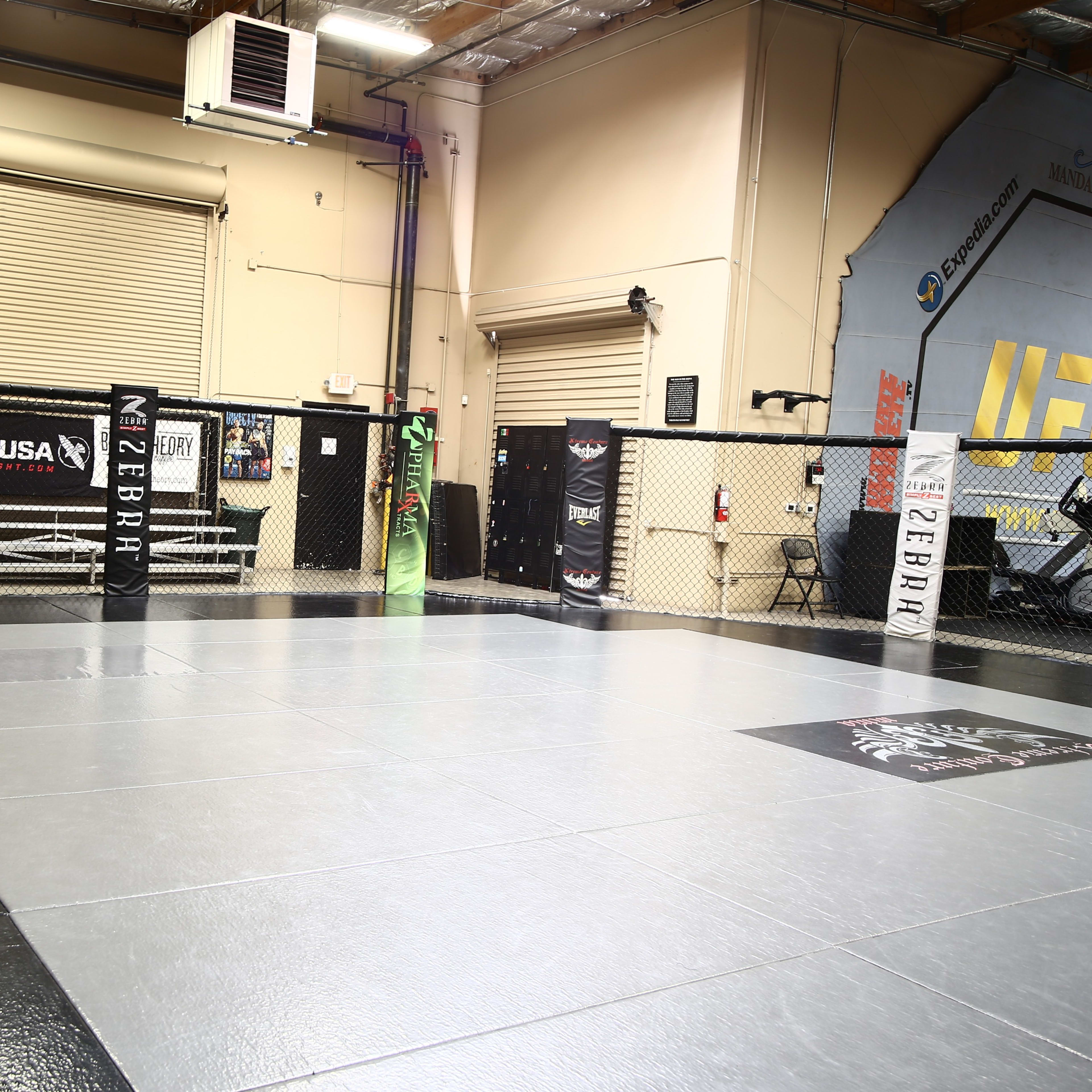 A corner of a mixed martial arts training facility with a fenced ring and various training equipment around it.