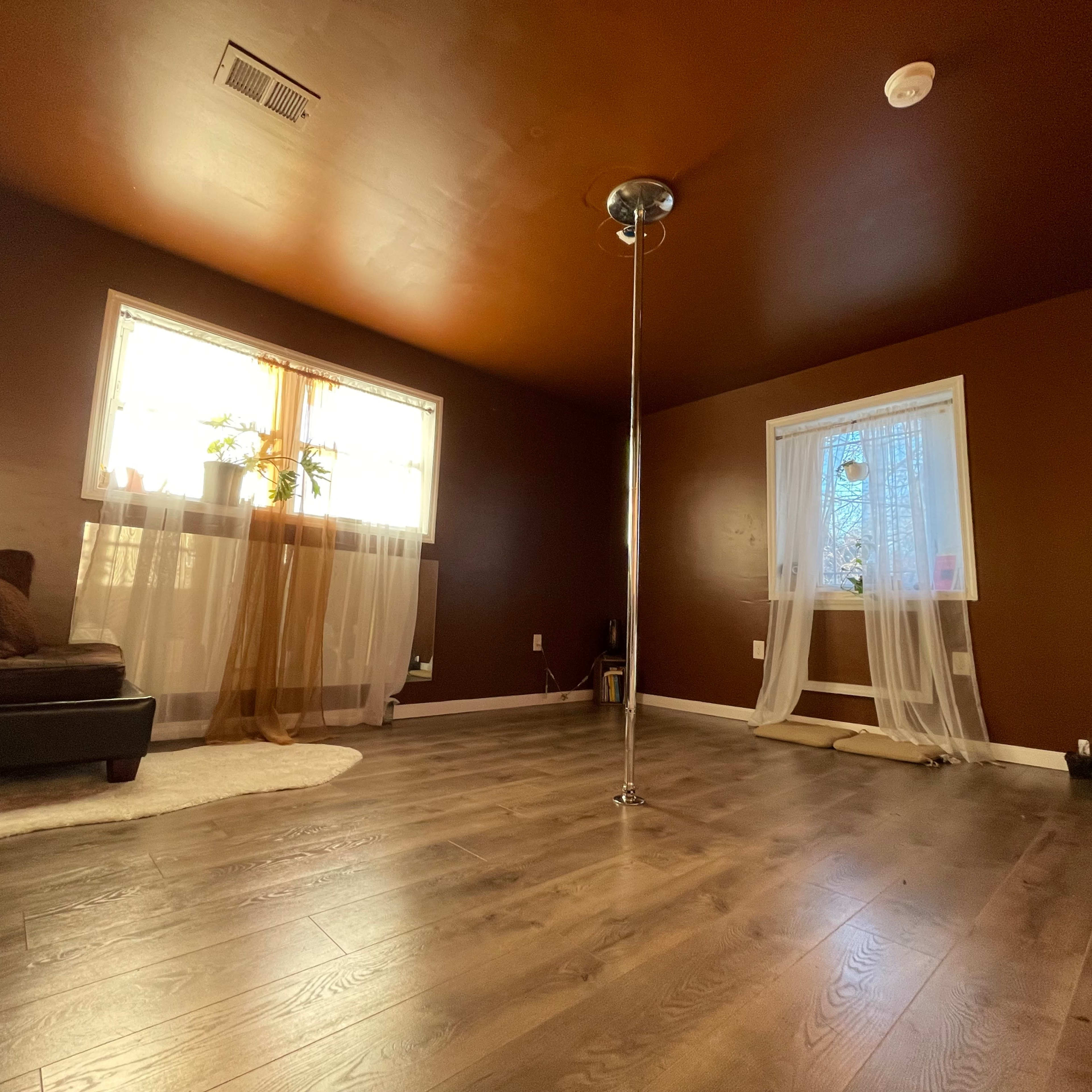 The room features a polished wooden floor, a ceiling-mounted pole, a plush couch, and large windows adorned with sheer curtains.