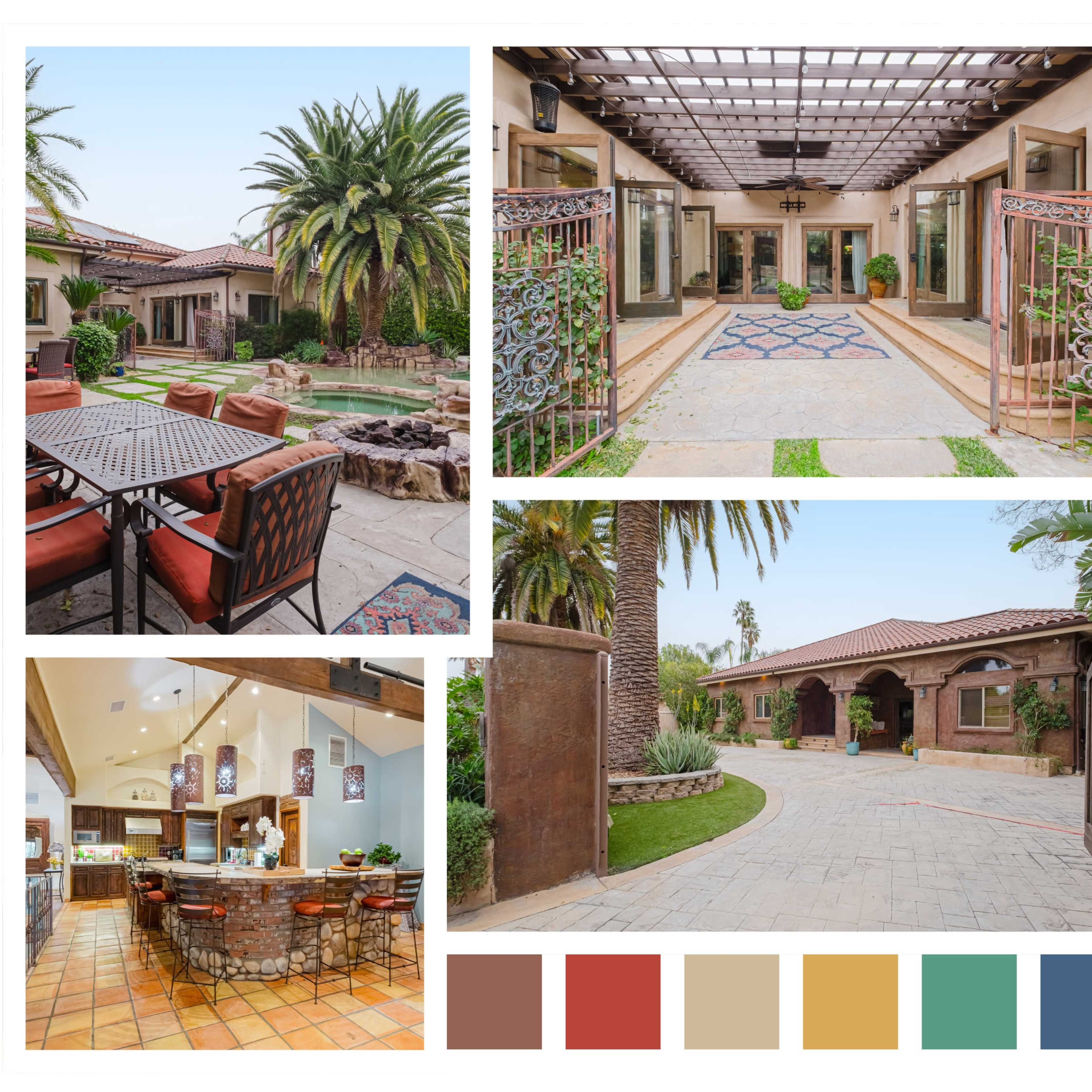 A luxurious home with a central courtyard, palm trees, a swimming pool, and various outdoor and interior living spaces.