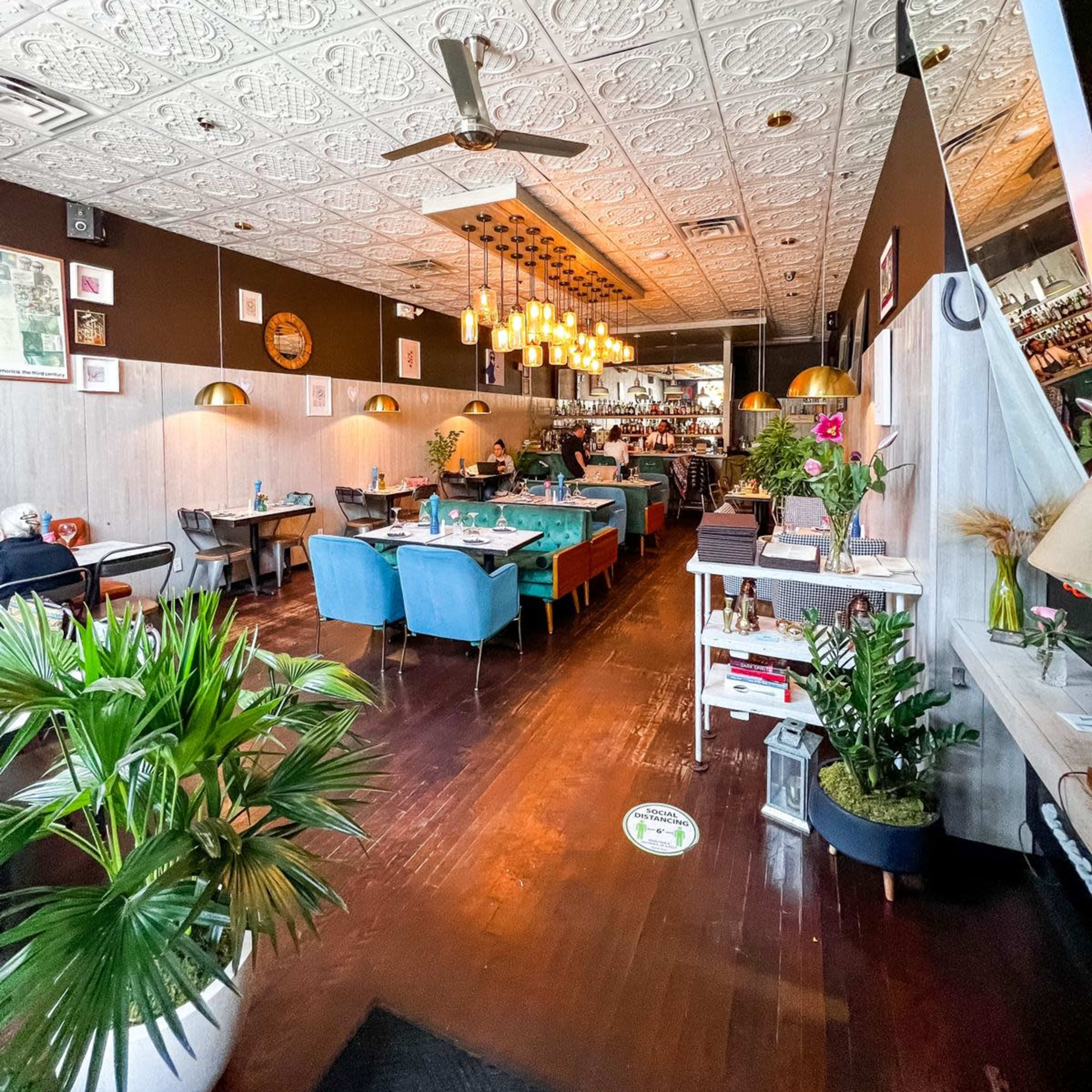 The interior of a restaurant featuring wooden flooring, colorful seating, and decorative ceiling tiles with hanging light fixtures.