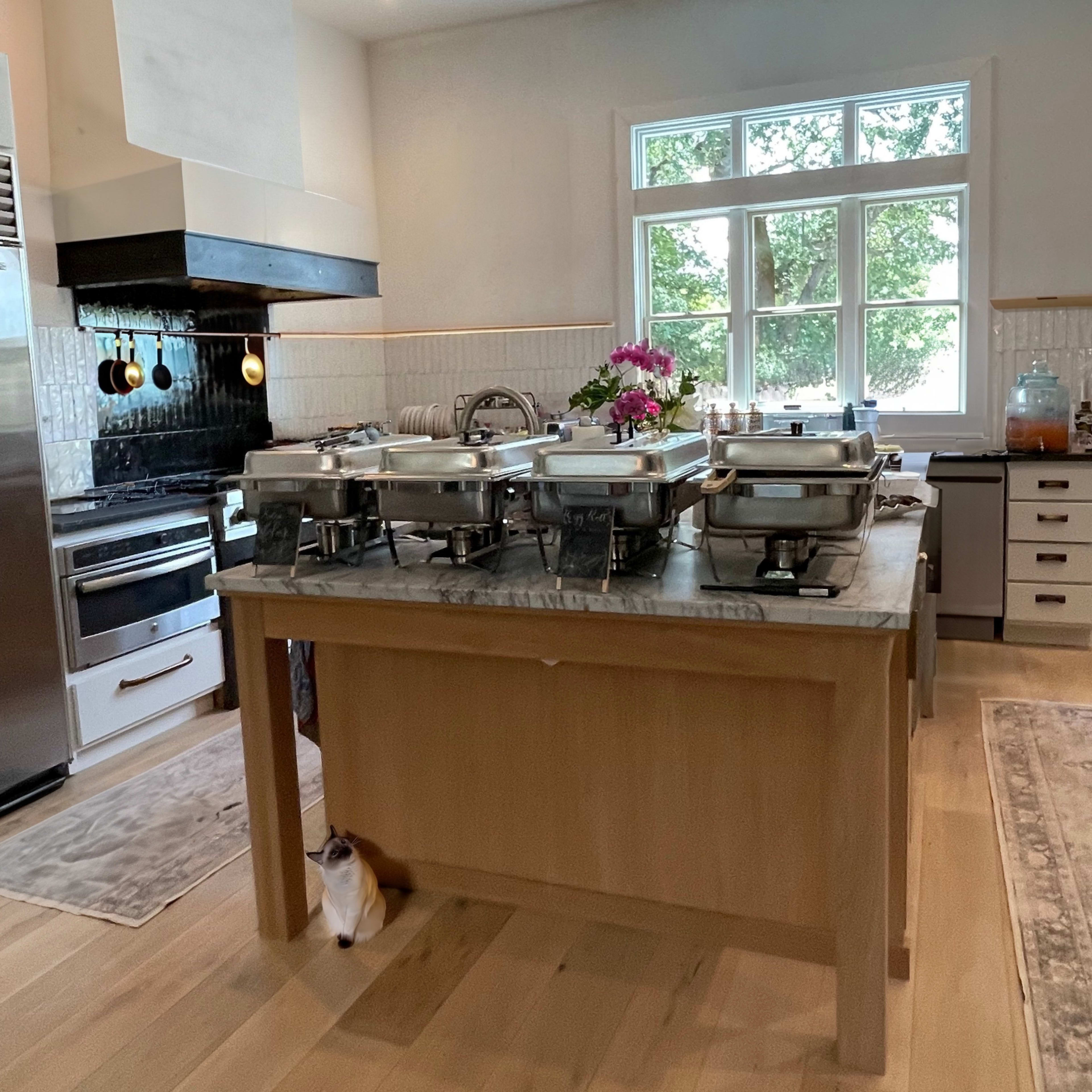 A modern kitchen with a central island featuring several food warming trays and a well-lit area with windows overlooking greenery.