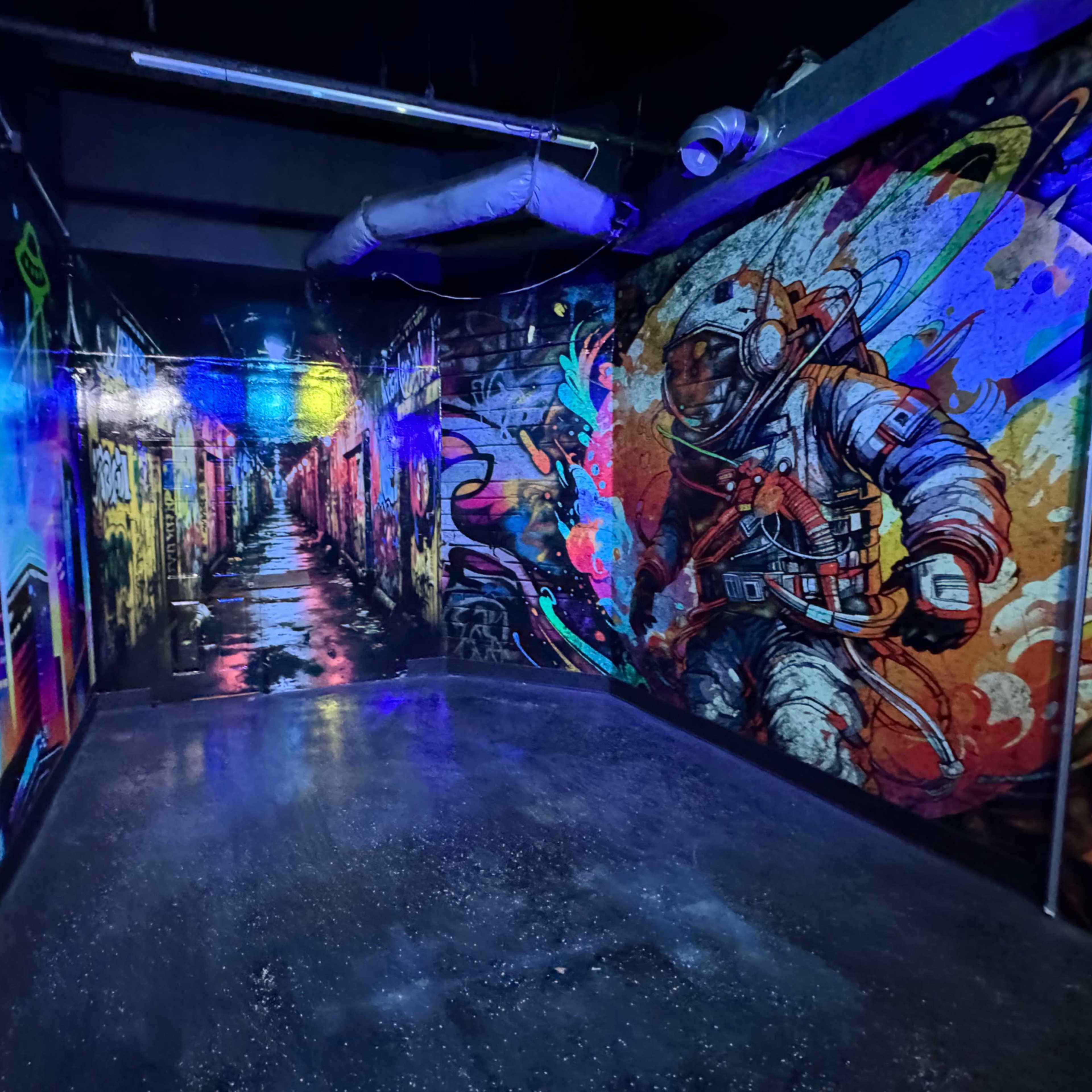 Raleigh skyline back drop, graffiti hallway back drop, astronaut backdrop Image in Garner, Garner, NC