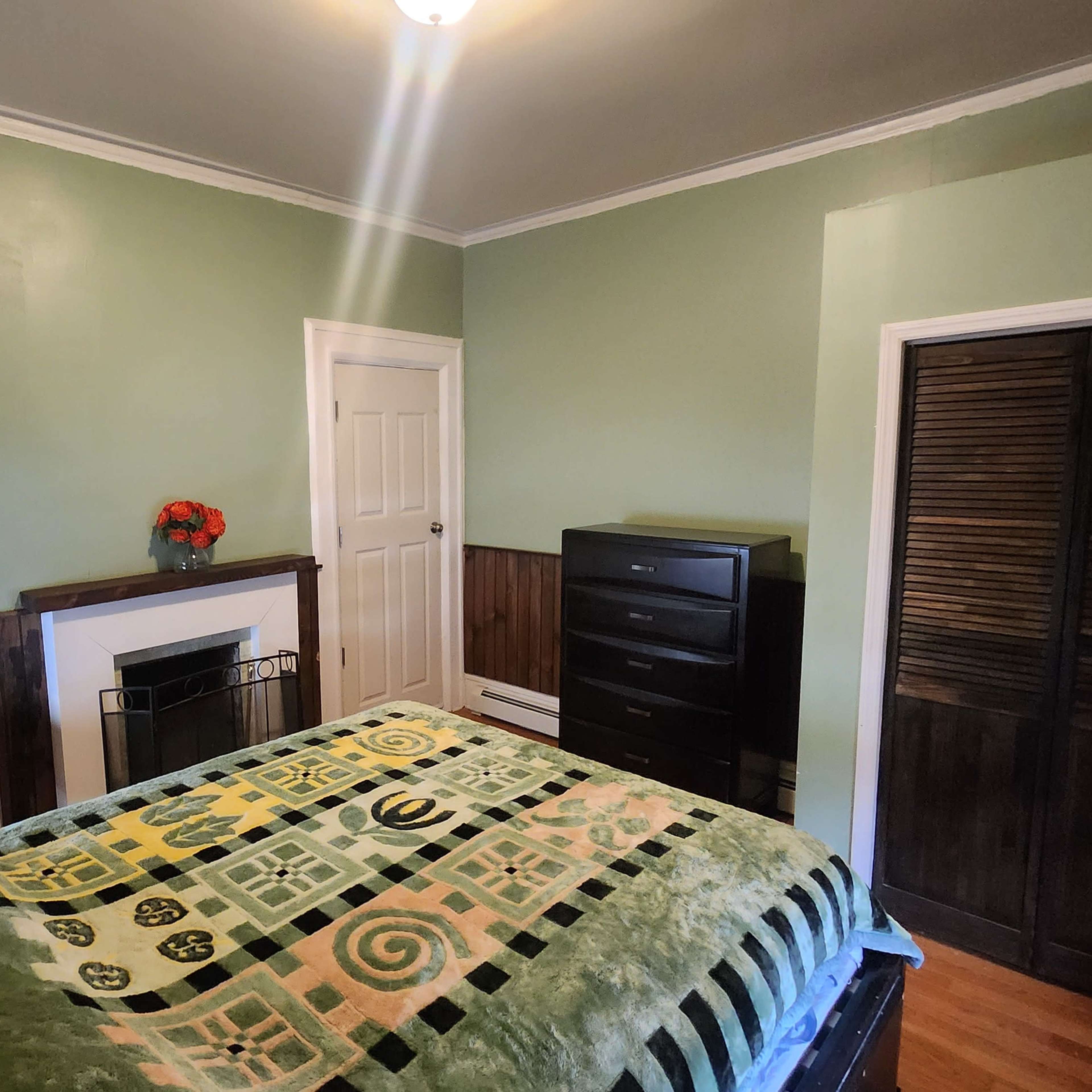 A small bedroom with a bed covered by a green and patterned blanket, two closets, and a dresser against the opposite wall.