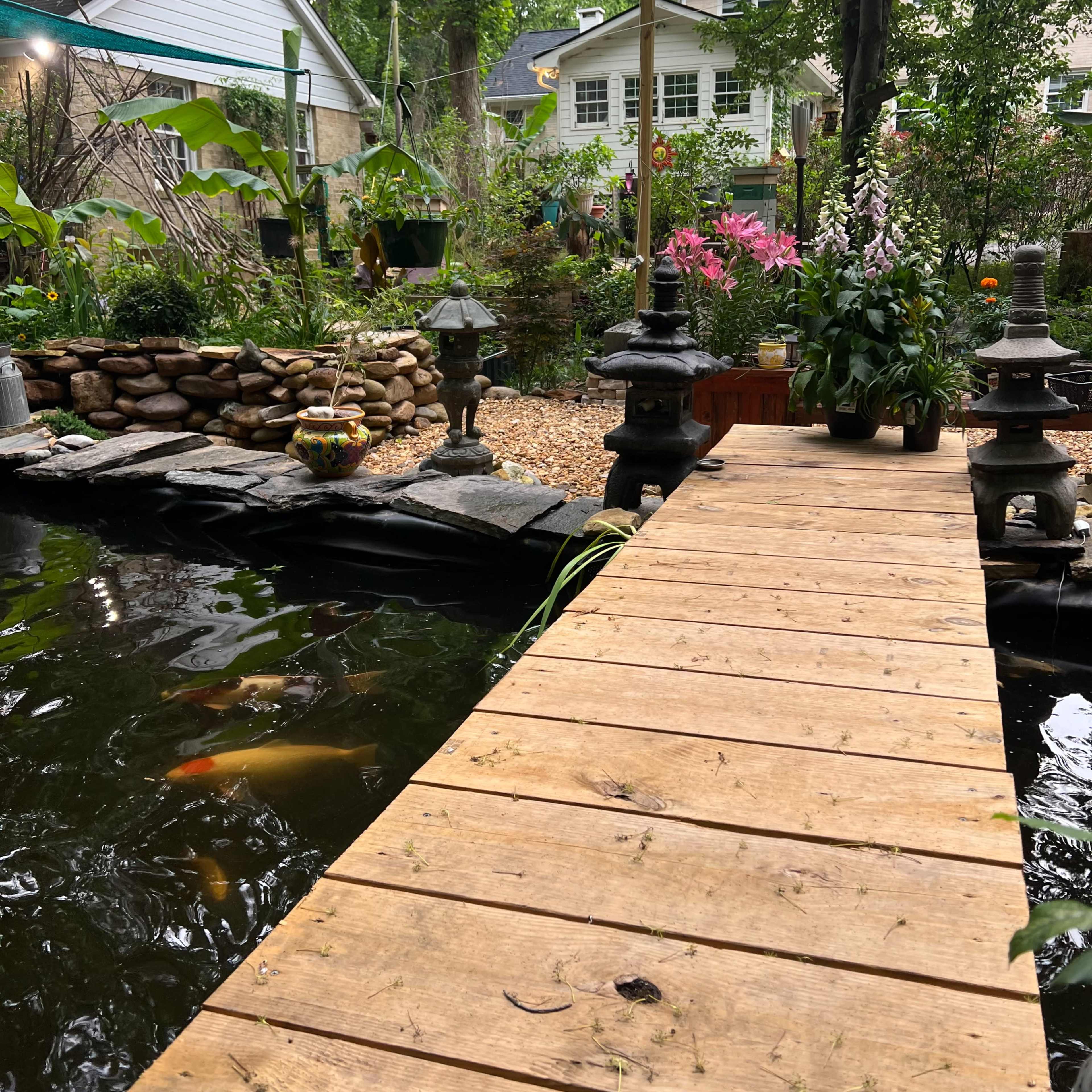 A wooden pathway extends over a pond surrounded by lush greenery and vibrant flowers, leading to a decorative stone wall and lanterns.