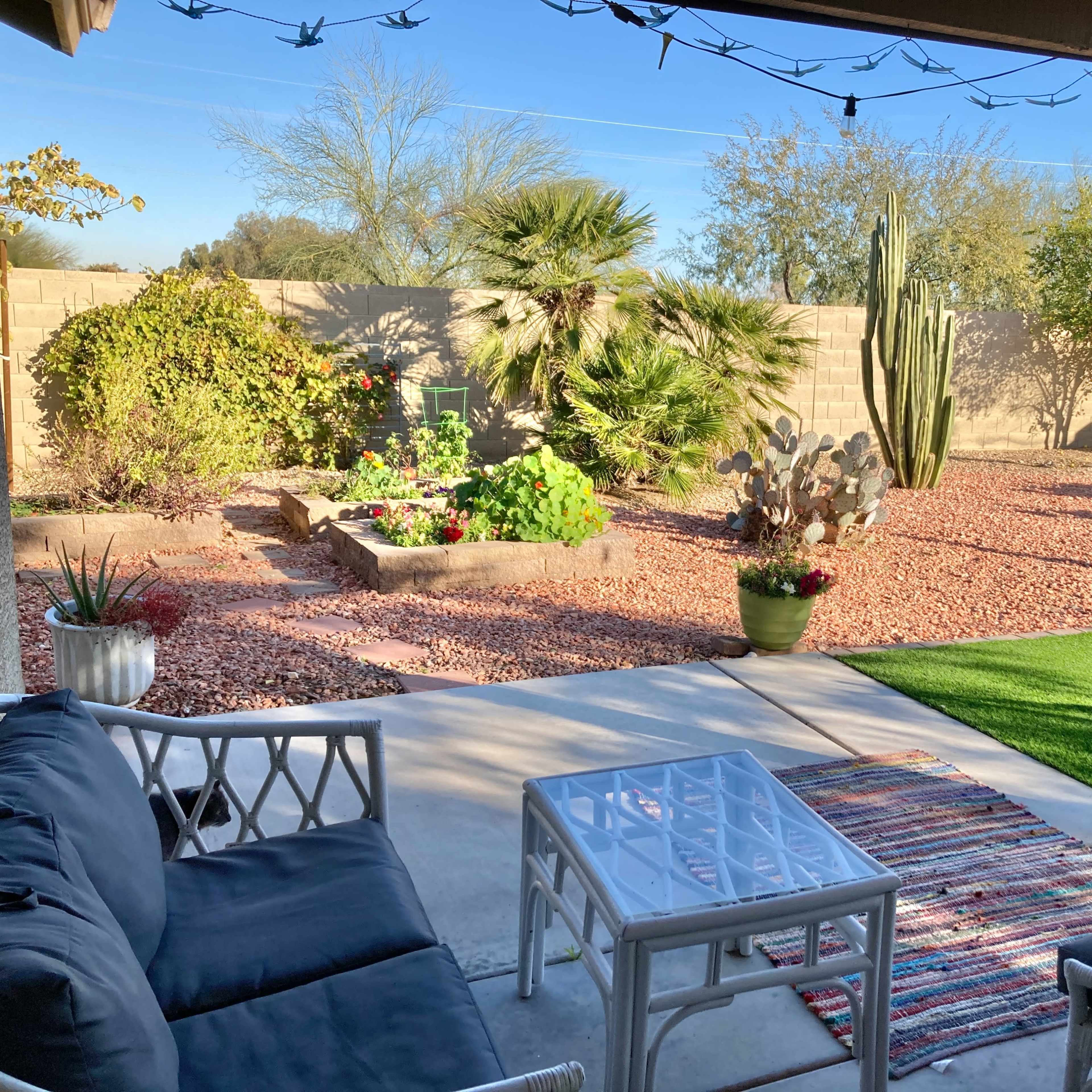 A landscaped backyard featuring a seating area with a table, surrounded by various plants, gravel, and a patch of green grass.