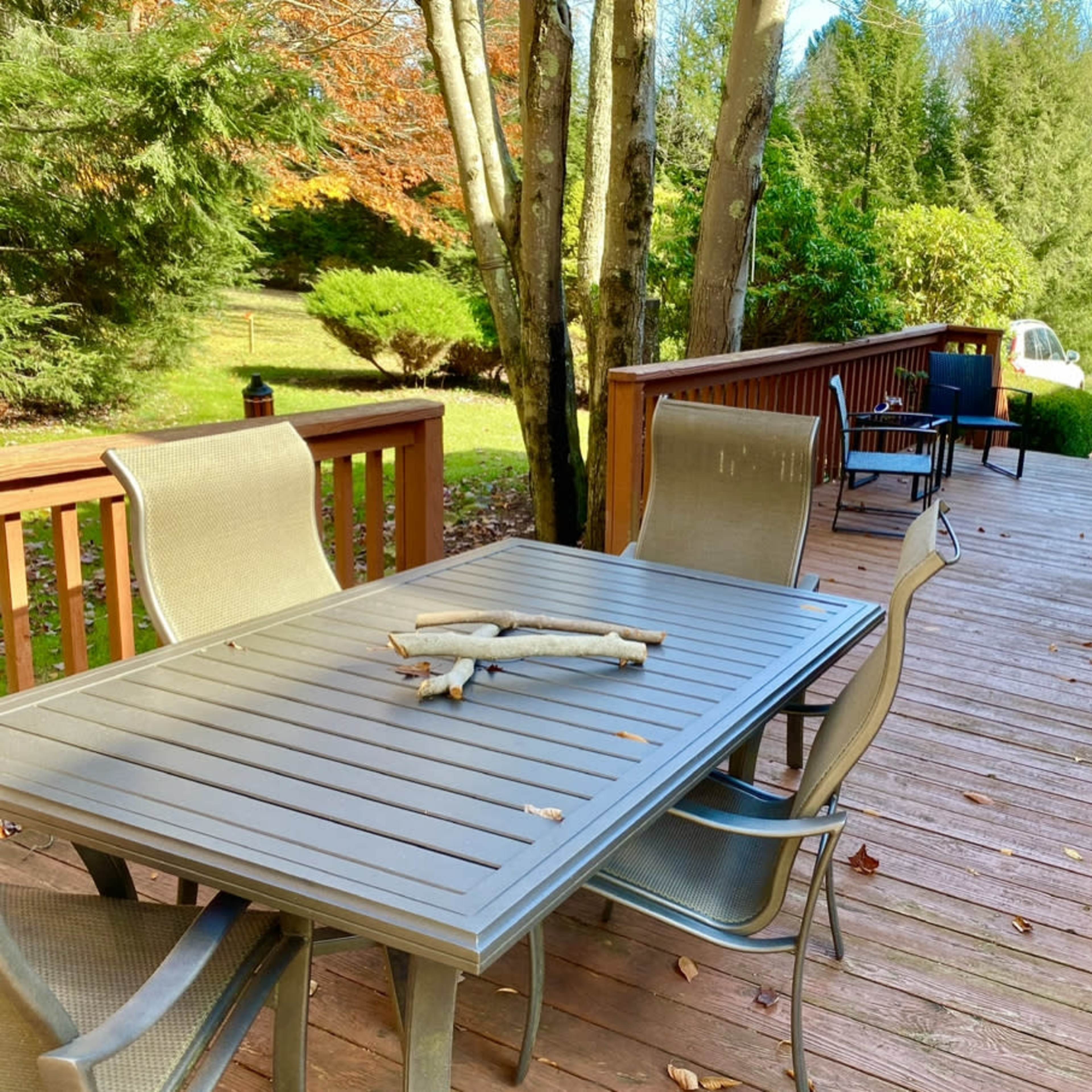 A wooden deck features a patio table with chairs, surrounded by trees and greenery.