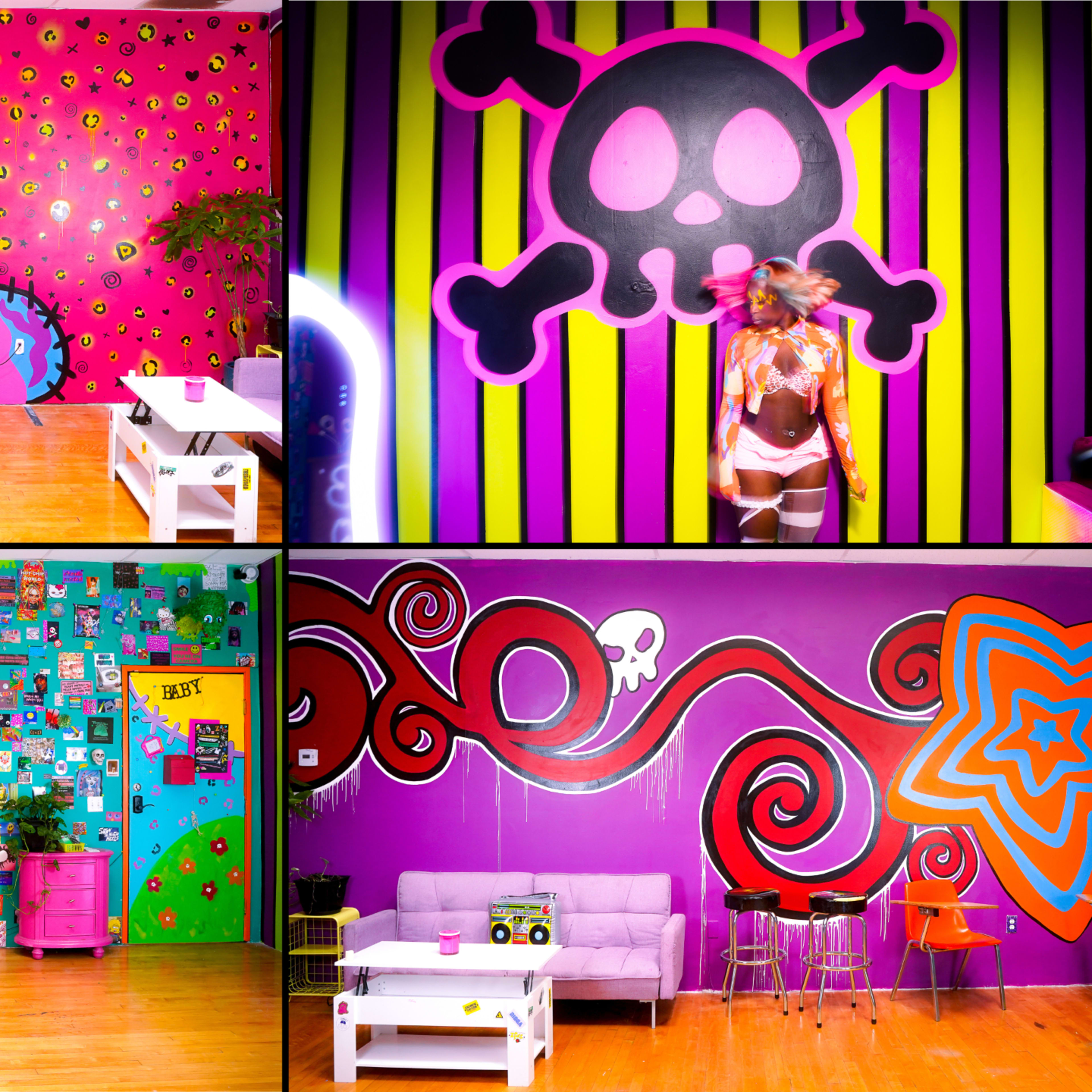 A collage of four brightly colored rooms, each with distinct wall designs and decorative elements, including skull motifs and vibrant patterns.