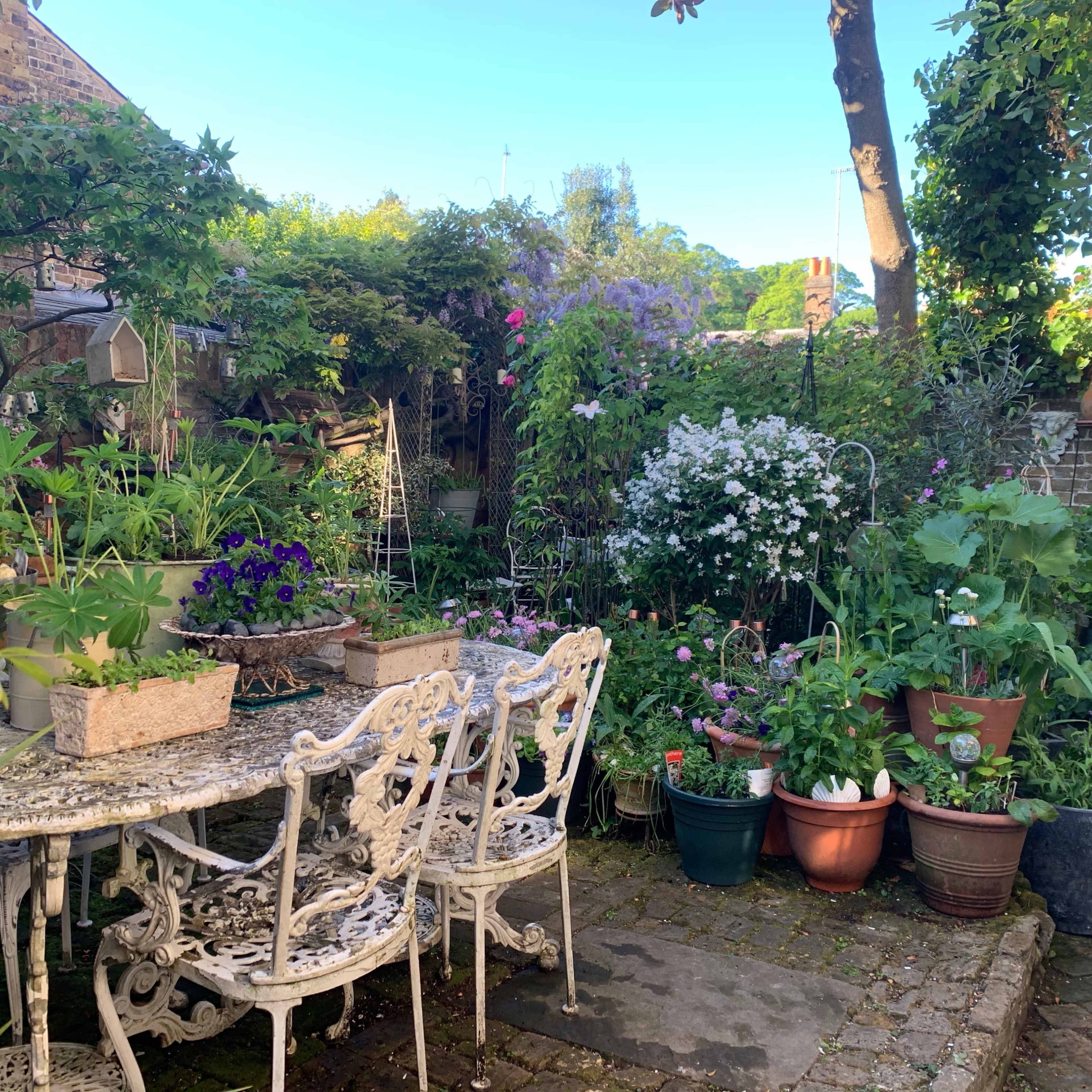 A garden is filled with various potted plants and flowers, with a white wrought-iron table and chairs placed on a stone pathway.