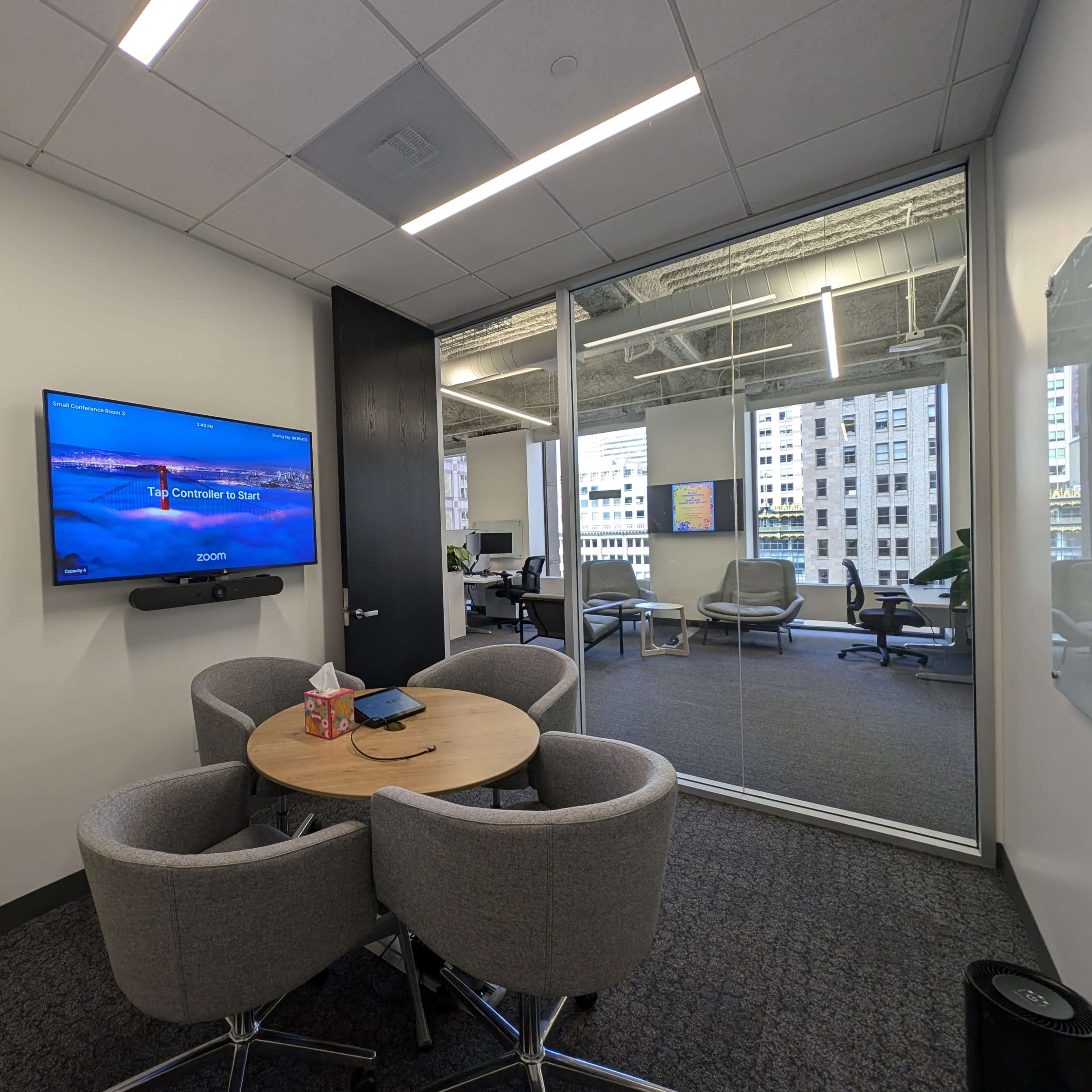 4-Person Conference Room with Zoom Setup in Financial District Co-Working Space Image in Union Square, San Francisco, CA