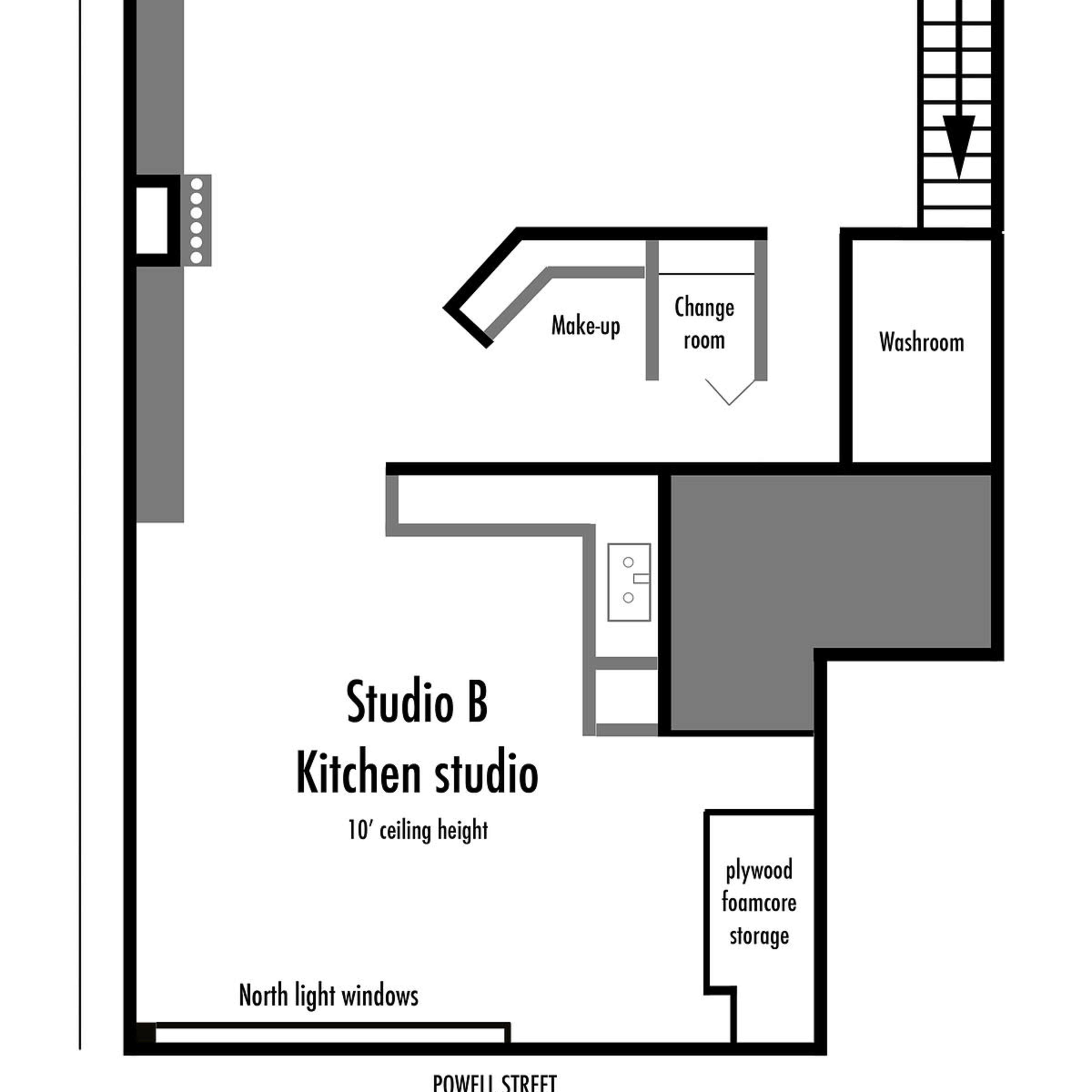 The diagram illustrates the floor plan of a studio layout featuring Studio A with a loading dock, makeup and change rooms, washroom, and Studio B, which includes a kitchen studio and storage.