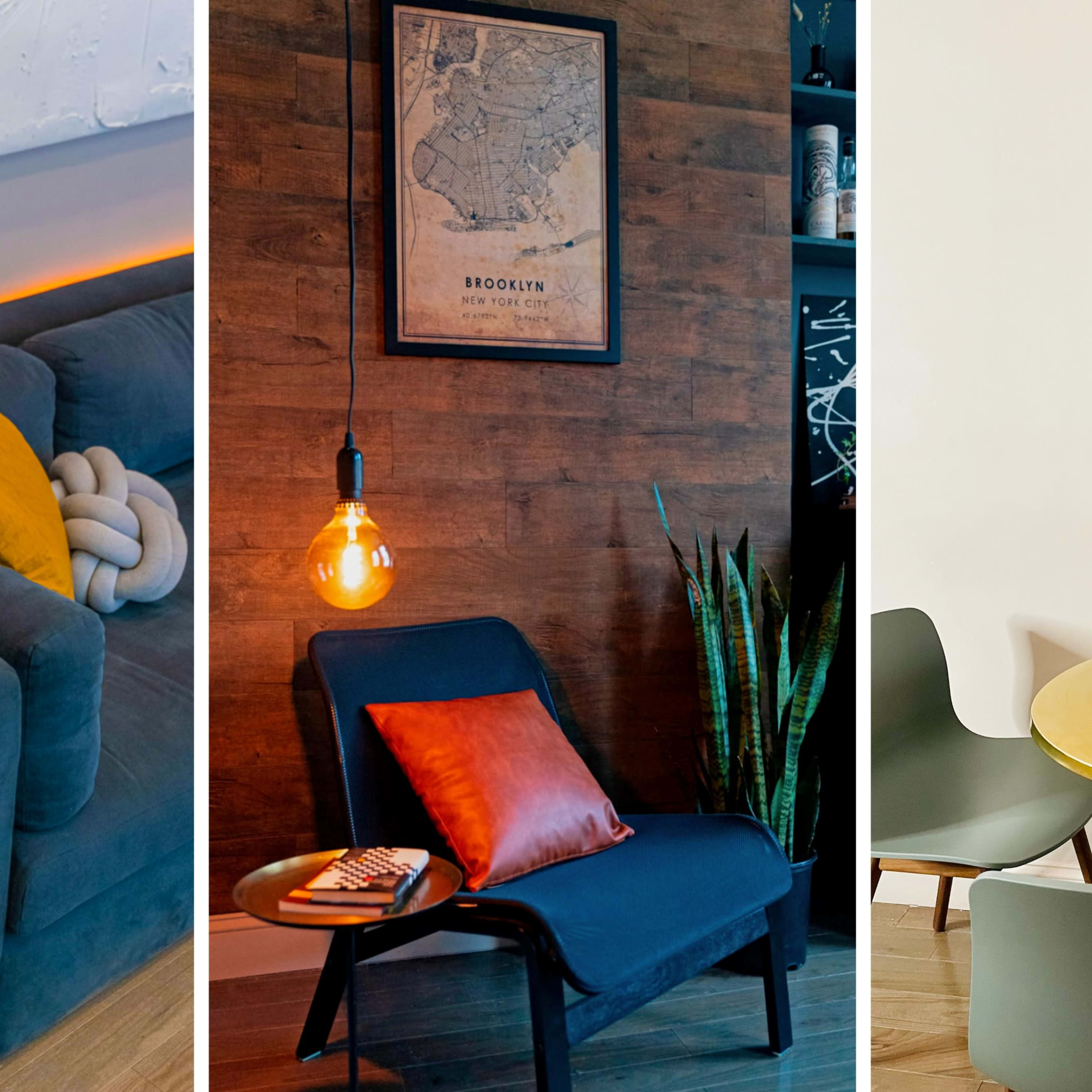 A modern interior scene with three distinct areas: a cozy seating nook with a sofa and decorative throw, a stylish lounge chair under an illuminated wall with a vintage map, and a minimalist dining setup with a round table and greenery.